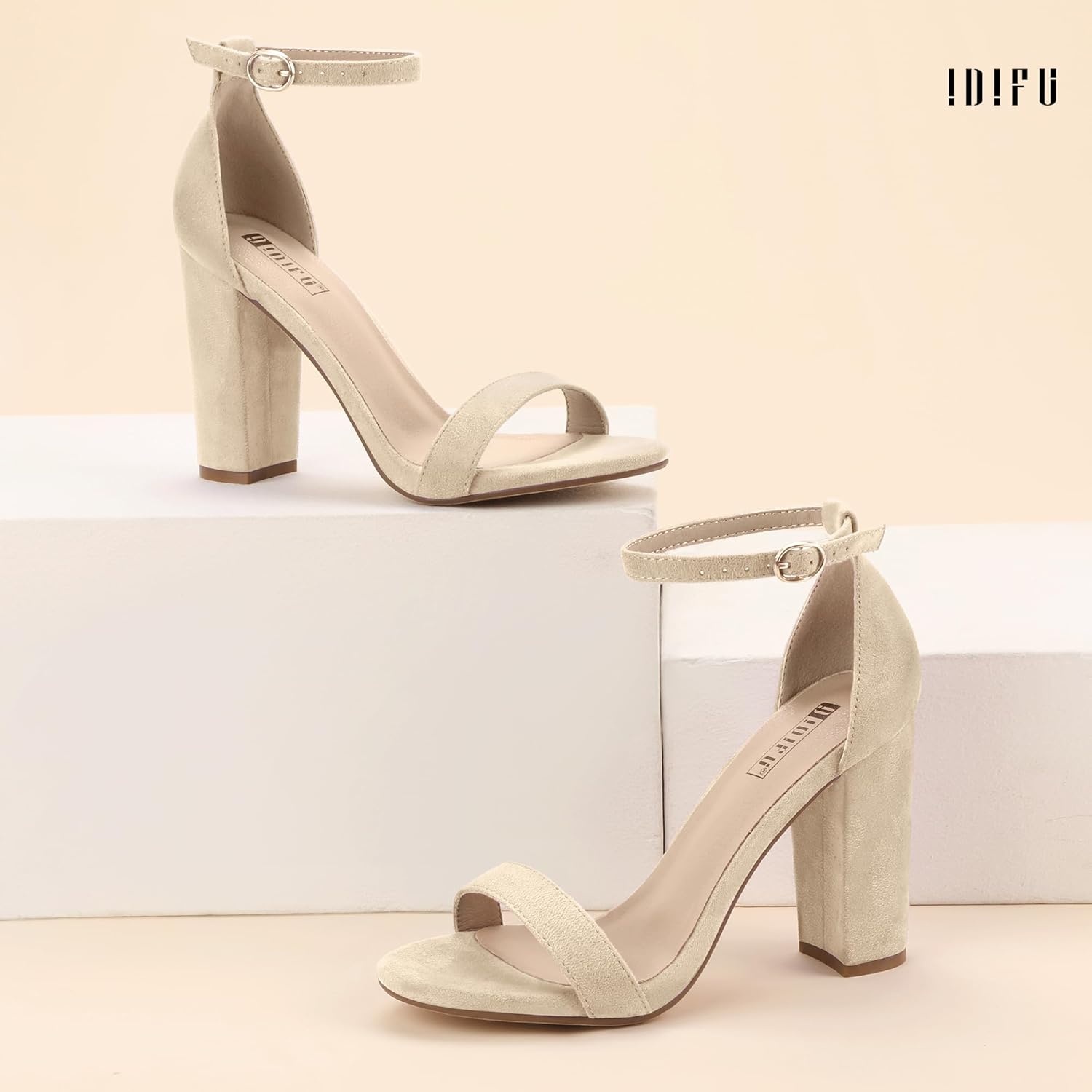 image:imageIDIFU Womens IN4 CookieHI Chunky High Heel Sandals Open Toe Ankle Strap Wedding Bridal Prom Dress Shoes For Women Bride BridesmaidNude Suede