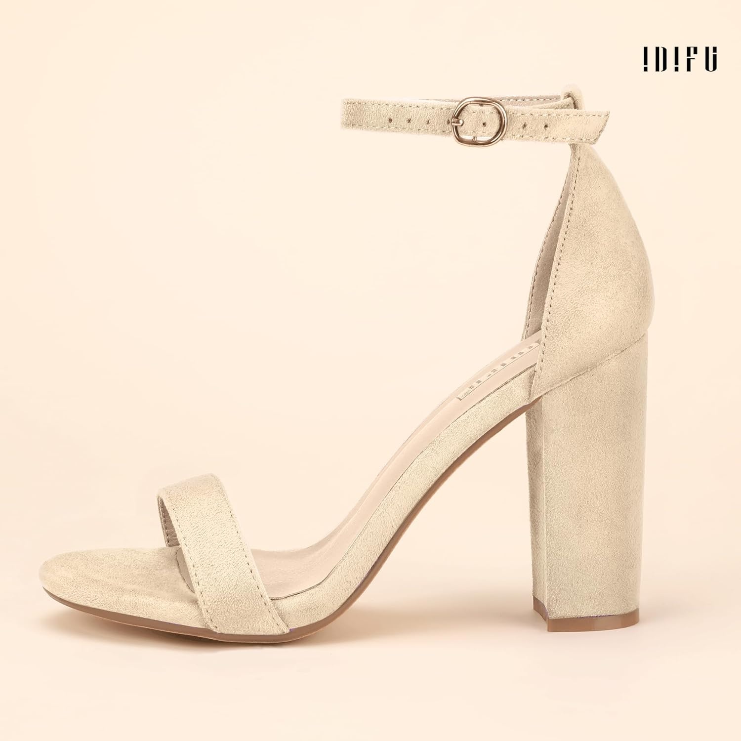image:imageIDIFU Womens IN4 CookieHI Chunky High Heel Sandals Open Toe Ankle Strap Wedding Bridal Prom Dress Shoes For Women Bride BridesmaidNude Suede