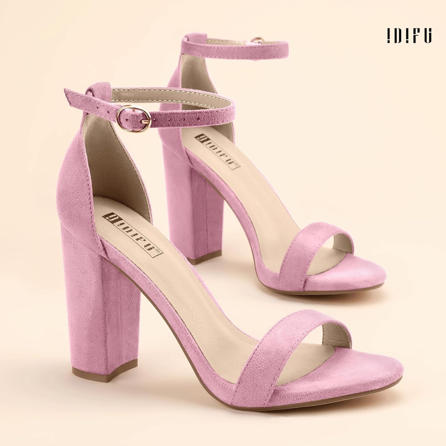 image:imageIDIFU Womens IN4 CookieHI Chunky High Heel Sandals Open Toe Ankle Strap Wedding Bridal Prom Dress Shoes For Women Bride BridesmaidPink Suede