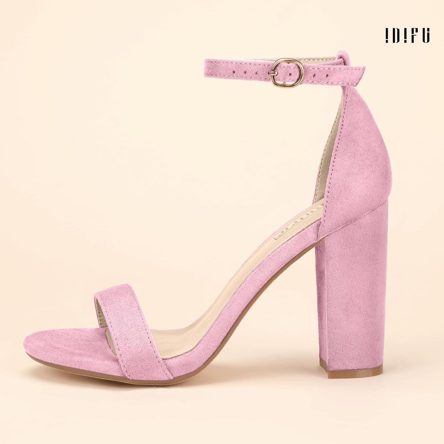 image:imageIDIFU Womens IN4 CookieHI Chunky High Heel Sandals Open Toe Ankle Strap Wedding Bridal Prom Dress Shoes For Women Bride BridesmaidPink Suede