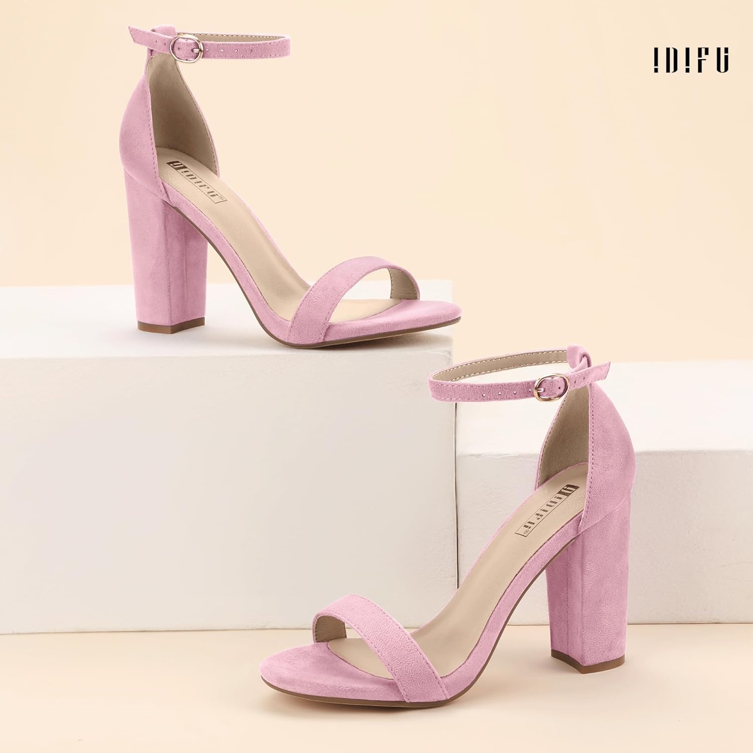image:imageIDIFU Womens IN4 CookieHI Chunky High Heel Sandals Open Toe Ankle Strap Wedding Bridal Prom Dress Shoes For Women Bride BridesmaidPink Suede