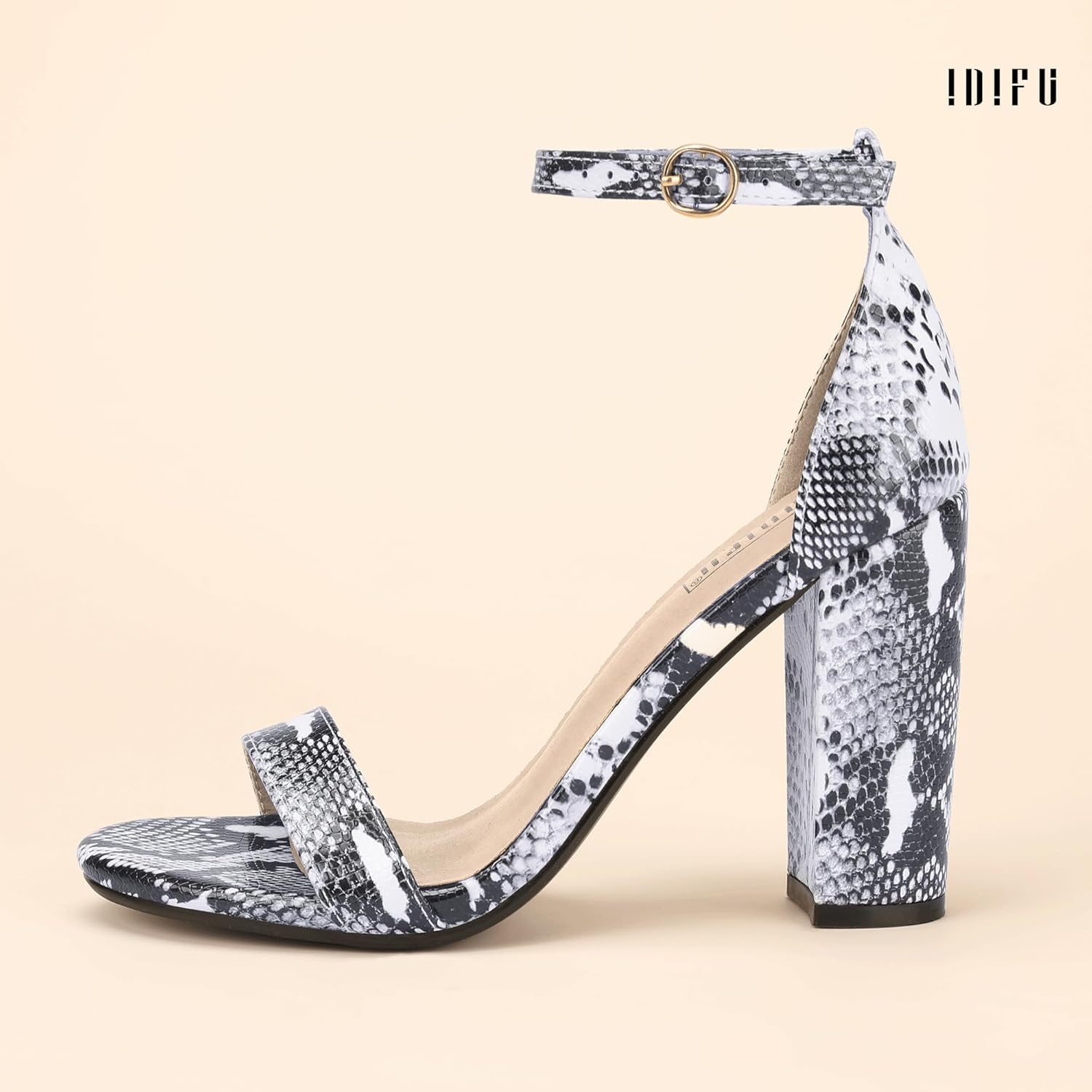 image:imageIDIFU Womens IN4 CookieHI Chunky High Heel Sandals Open Toe Ankle Strap Wedding Bridal Prom Dress Shoes For Women Bride BridesmaidSnake White