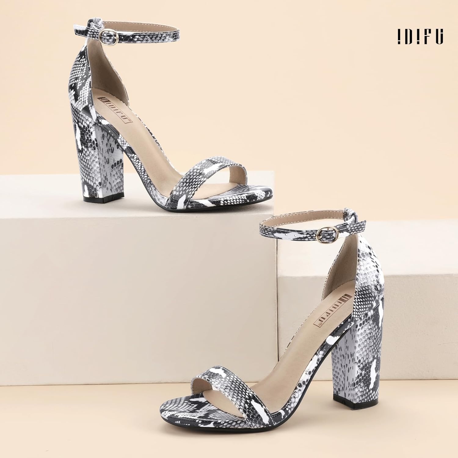 image:imageIDIFU Womens IN4 CookieHI Chunky High Heel Sandals Open Toe Ankle Strap Wedding Bridal Prom Dress Shoes For Women Bride BridesmaidSnake White