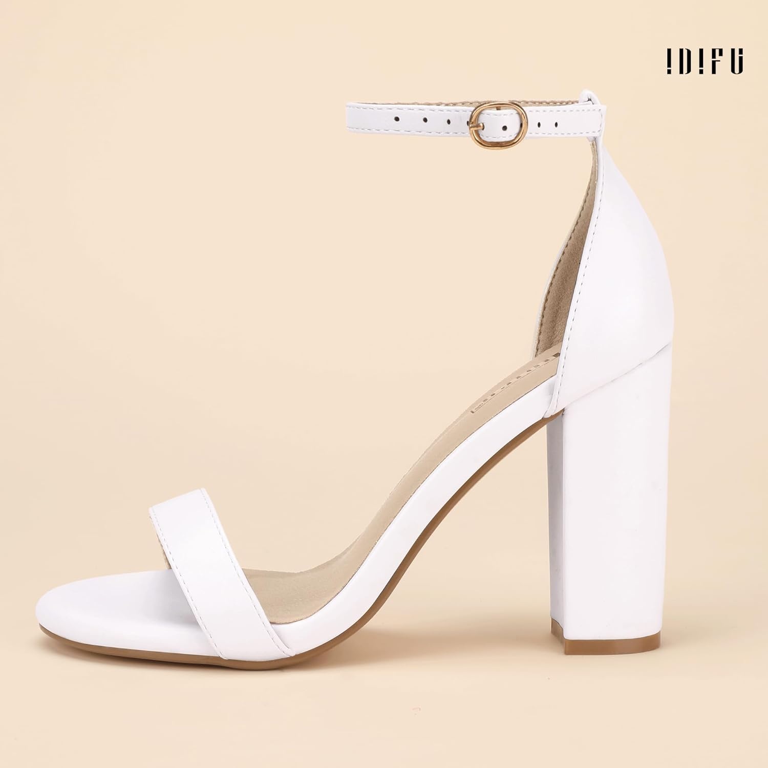 image:imageIDIFU Womens IN4 CookieHI Chunky High Heel Sandals Open Toe Ankle Strap Wedding Bridal Prom Dress Shoes For Women Bride BridesmaidWhite Pu