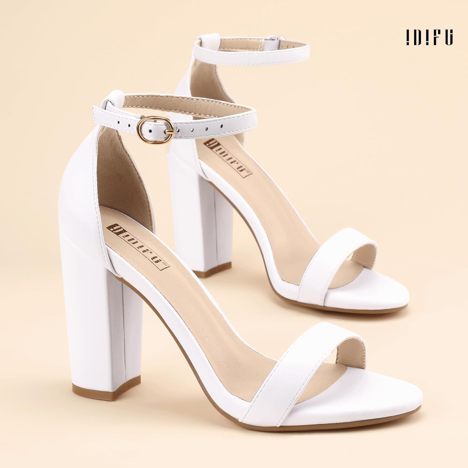 image:imageIDIFU Womens IN4 CookieHI Chunky High Heel Sandals Open Toe Ankle Strap Wedding Bridal Prom Dress Shoes For Women Bride BridesmaidWhite Pu