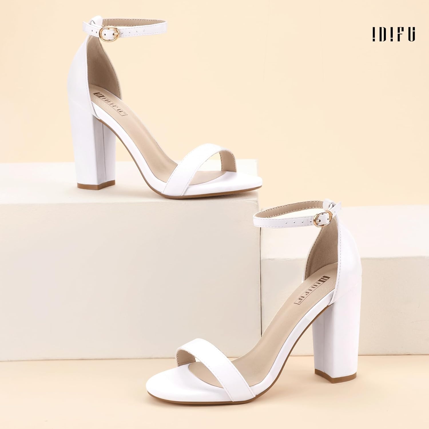 image:imageIDIFU Womens IN4 CookieHI Chunky High Heel Sandals Open Toe Ankle Strap Wedding Bridal Prom Dress Shoes For Women Bride BridesmaidWhite Pu