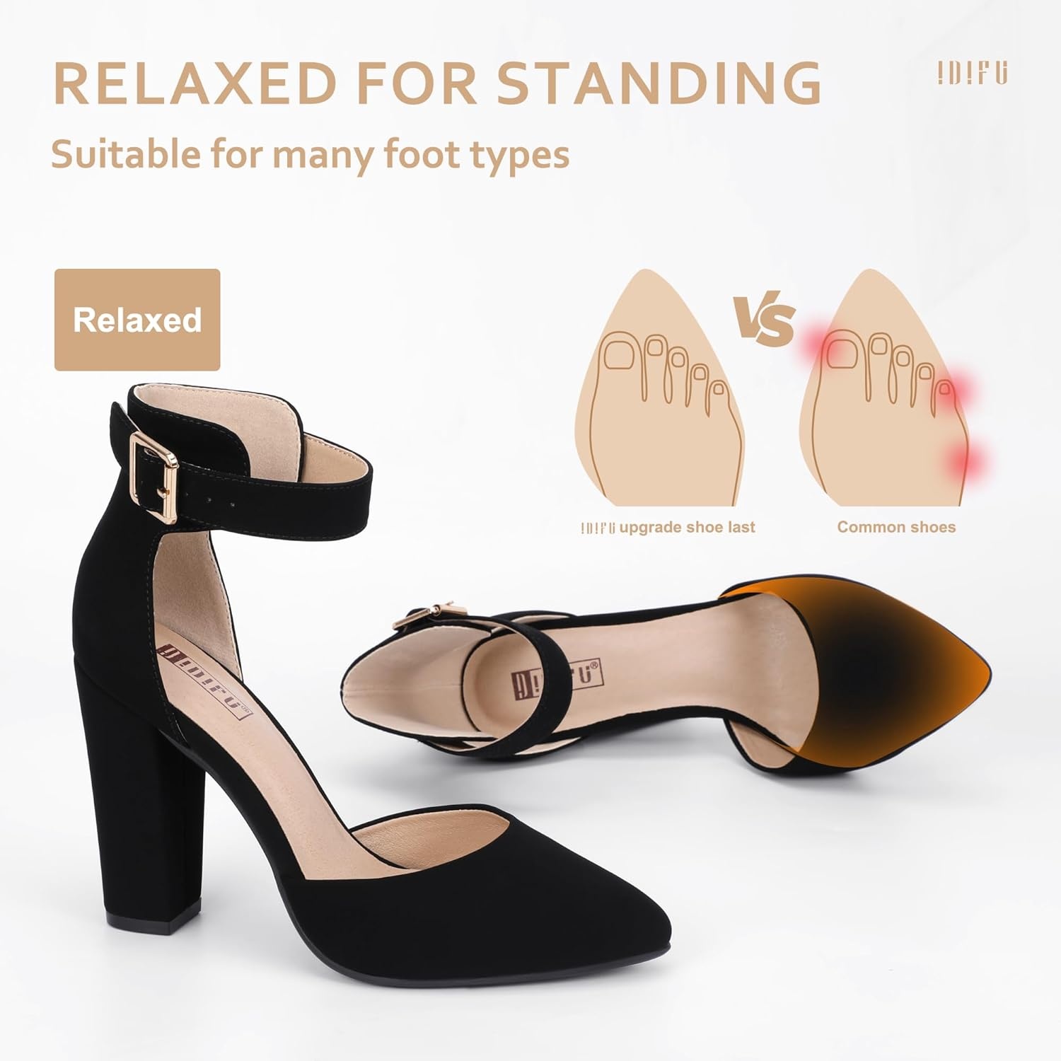 image:imageIDIFU Womens IN4 Pedazo High Block Heels Pumps Pointed Closed Toe Ankle Strap Dress Wedding ShoesBlack Nubuck