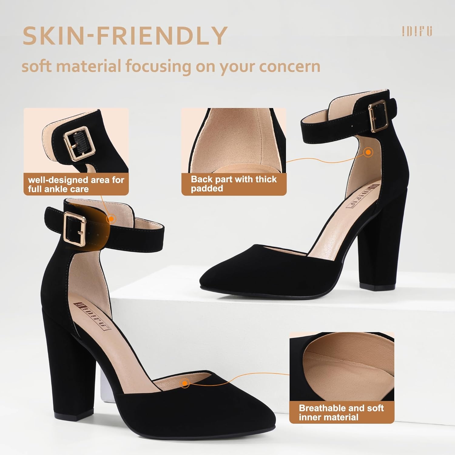 image:imageIDIFU Womens IN4 Pedazo High Block Heels Pumps Pointed Closed Toe Ankle Strap Dress Wedding ShoesBlack Nubuck