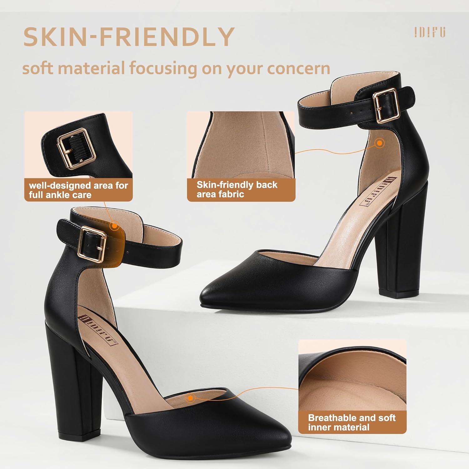 image:imageIDIFU Womens IN4 Pedazo High Block Heels Pumps Pointed Closed Toe Ankle Strap Dress Wedding ShoesBlack Pu