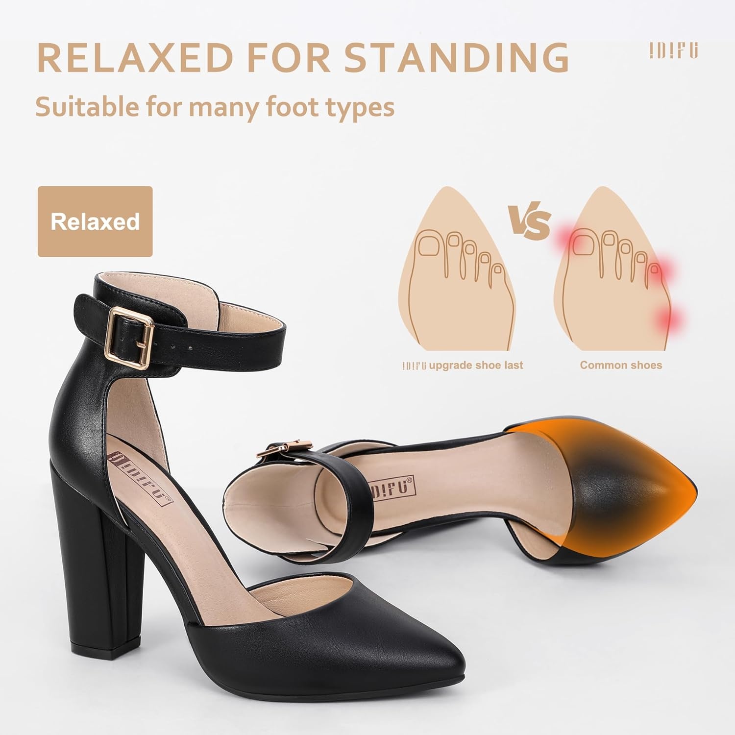 image:imageIDIFU Womens IN4 Pedazo High Block Heels Pumps Pointed Closed Toe Ankle Strap Dress Wedding ShoesBlack Pu