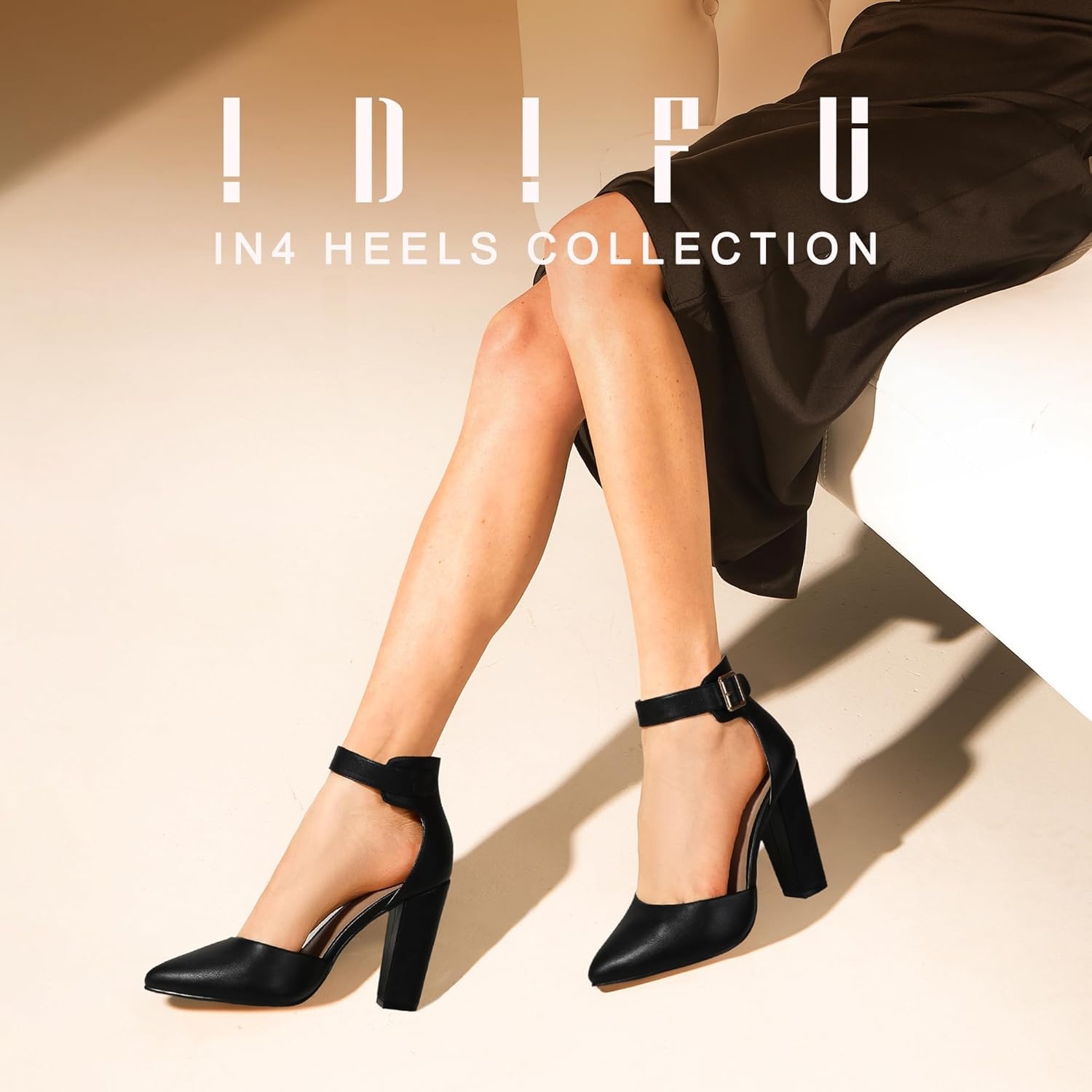 image:imageIDIFU Womens IN4 Pedazo High Block Heels Pumps Pointed Closed Toe Ankle Strap Dress Wedding ShoesBlack Pu
