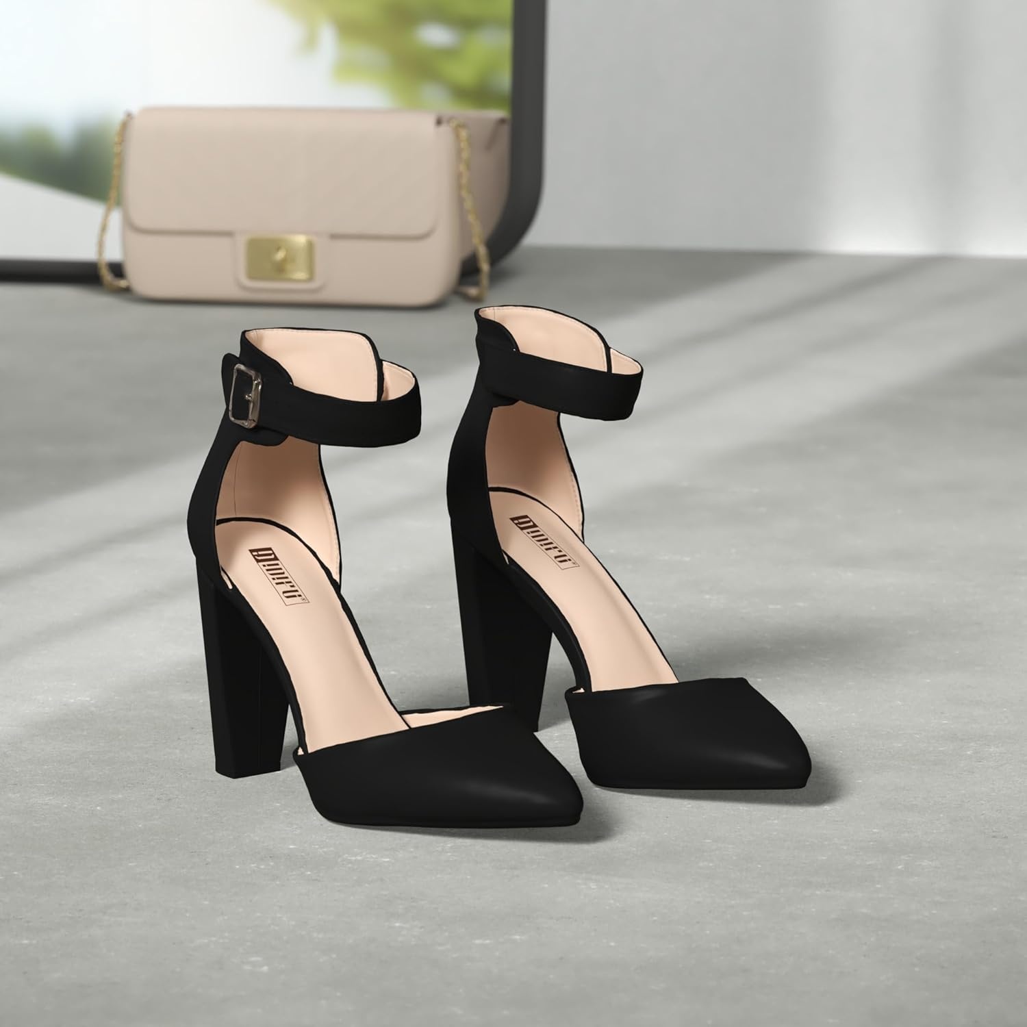 image:imageIDIFU Womens IN4 Pedazo High Block Heels Pumps Pointed Closed Toe Ankle Strap Dress Wedding ShoesBlack Pu