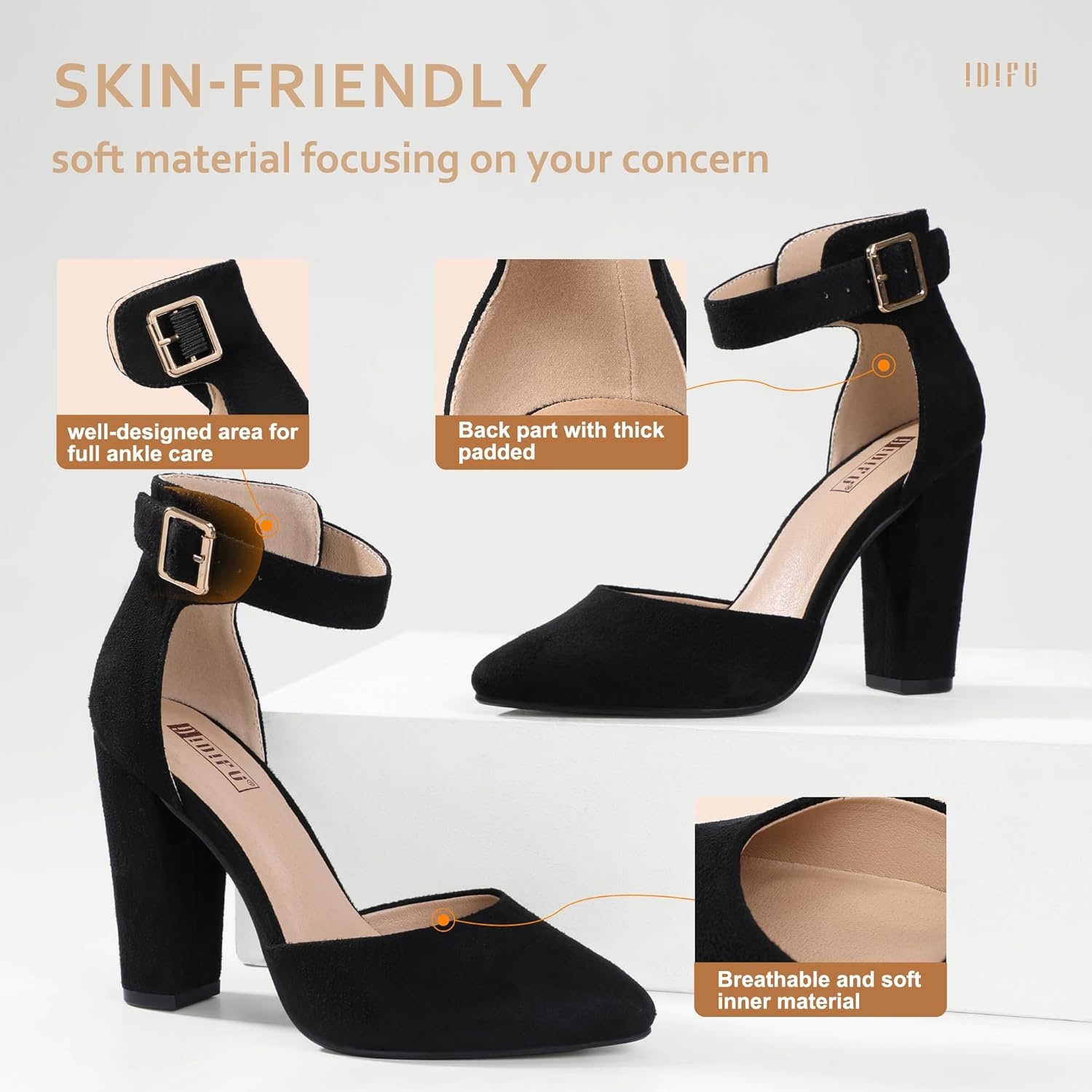 image:imageIDIFU Womens IN4 Pedazo High Block Heels Pumps Pointed Closed Toe Ankle Strap Dress Wedding ShoesBlack Suede