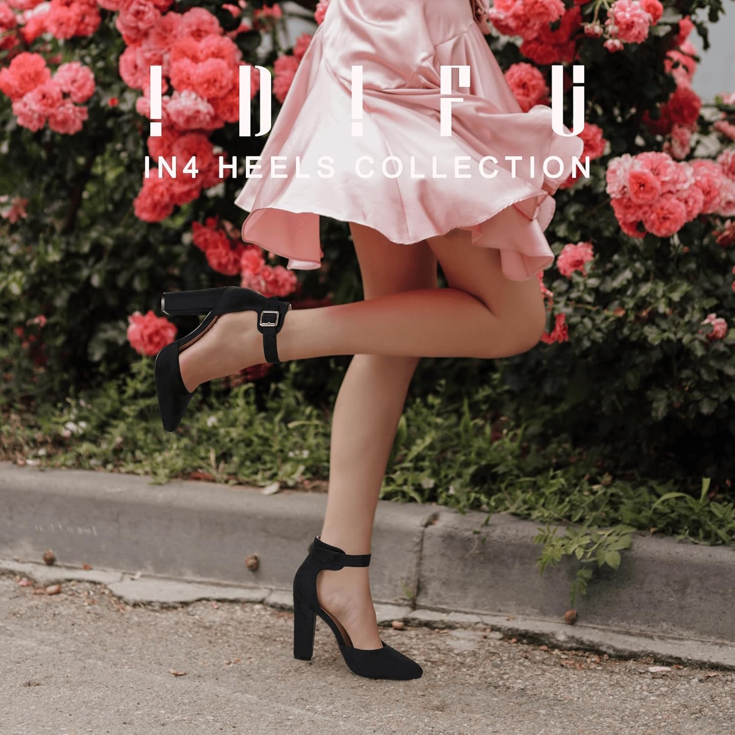 image:imageIDIFU Womens IN4 Pedazo High Block Heels Pumps Pointed Closed Toe Ankle Strap Dress Wedding ShoesBlack Suede