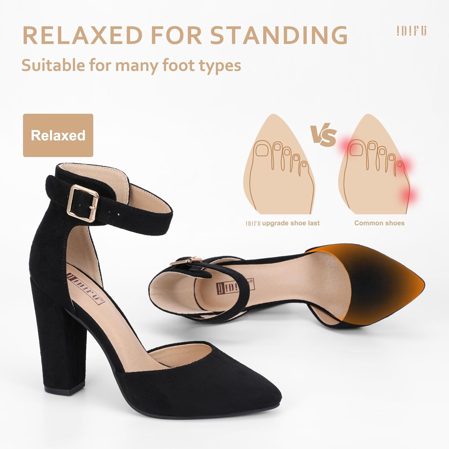 image:imageIDIFU Womens IN4 Pedazo High Block Heels Pumps Pointed Closed Toe Ankle Strap Dress Wedding ShoesBlack Suede
