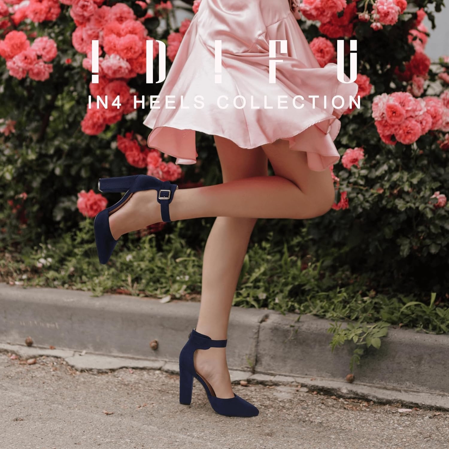 image:imageIDIFU Womens IN4 Pedazo High Block Heels Pumps Pointed Closed Toe Ankle Strap Dress Wedding ShoesBlue Suede