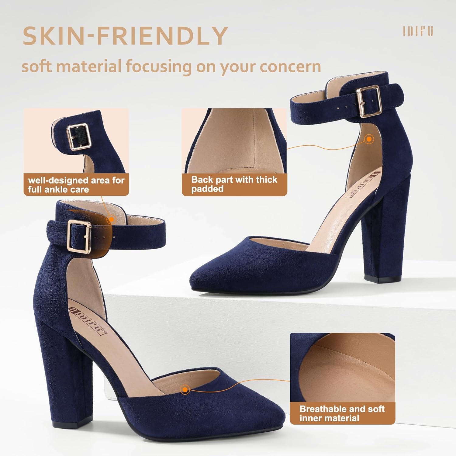image:imageIDIFU Womens IN4 Pedazo High Block Heels Pumps Pointed Closed Toe Ankle Strap Dress Wedding ShoesBlue Suede