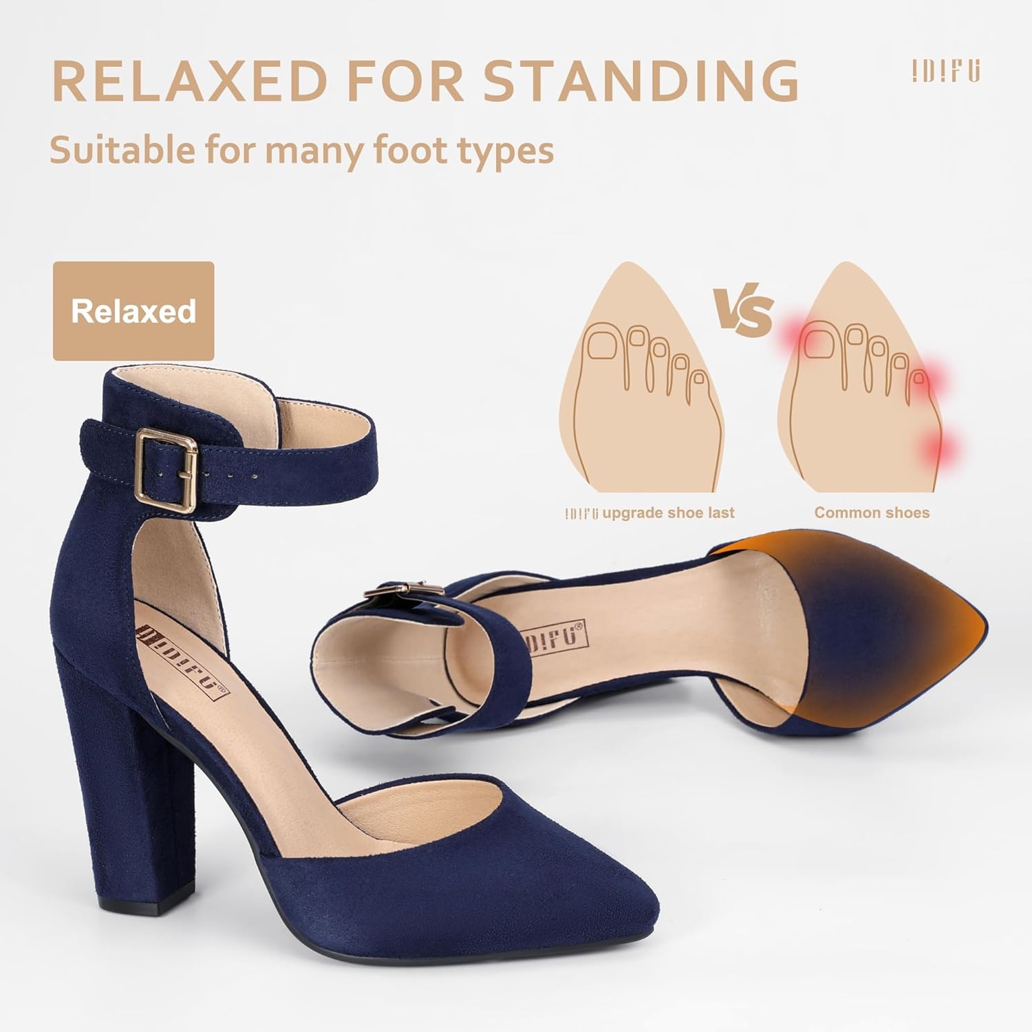 image:imageIDIFU Womens IN4 Pedazo High Block Heels Pumps Pointed Closed Toe Ankle Strap Dress Wedding ShoesBlue Suede