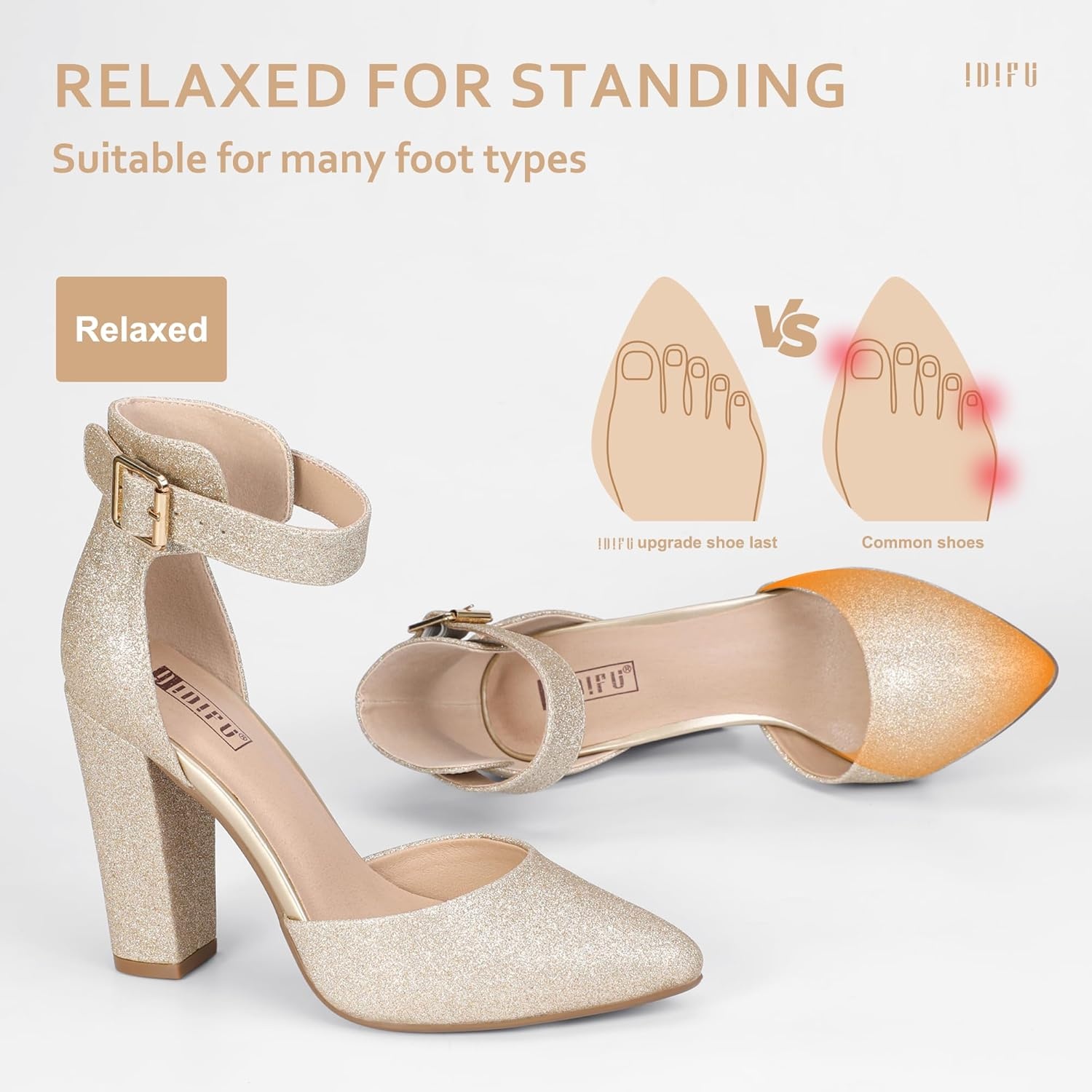image:imageIDIFU Womens IN4 Pedazo High Block Heels Pumps Pointed Closed Toe Ankle Strap Dress Wedding ShoesGold Glitter