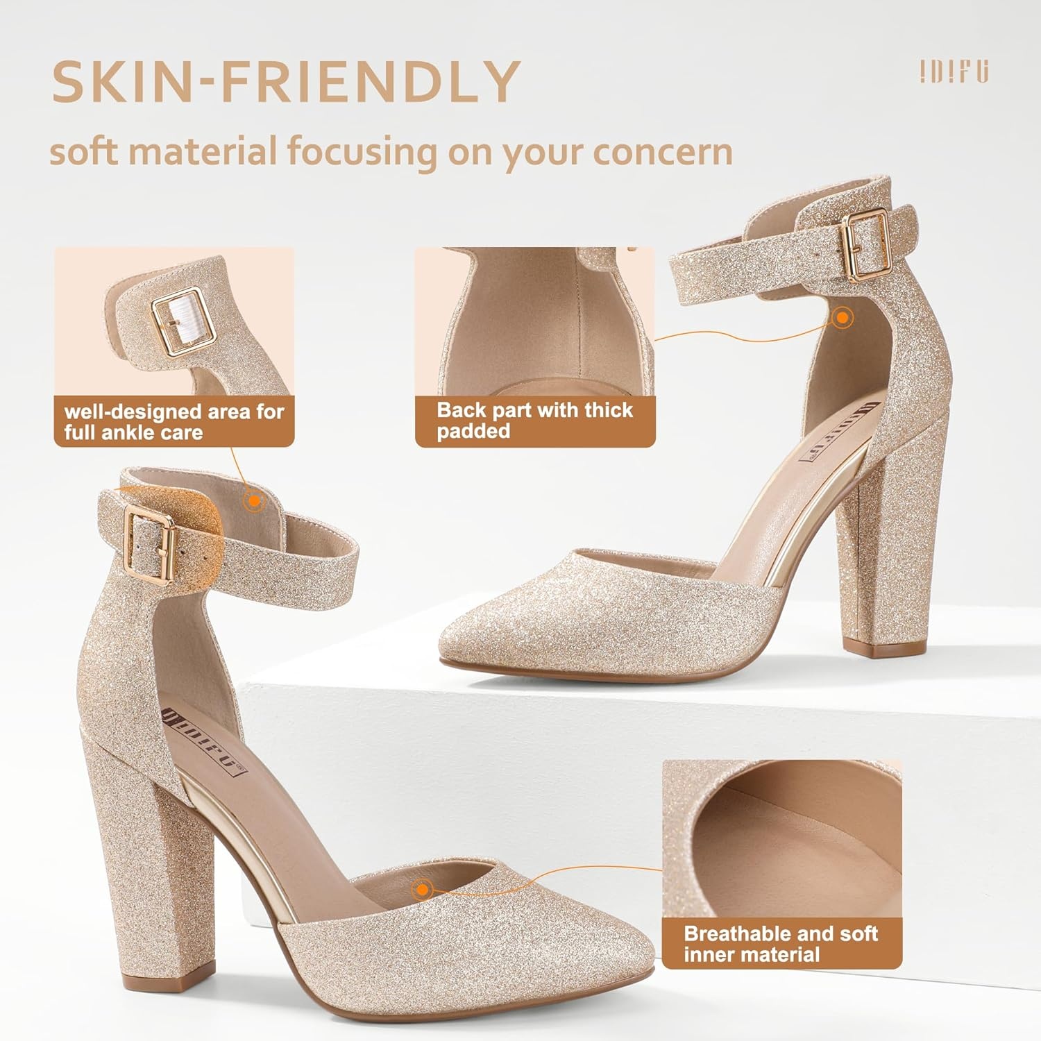 image:imageIDIFU Womens IN4 Pedazo High Block Heels Pumps Pointed Closed Toe Ankle Strap Dress Wedding ShoesGold Glitter