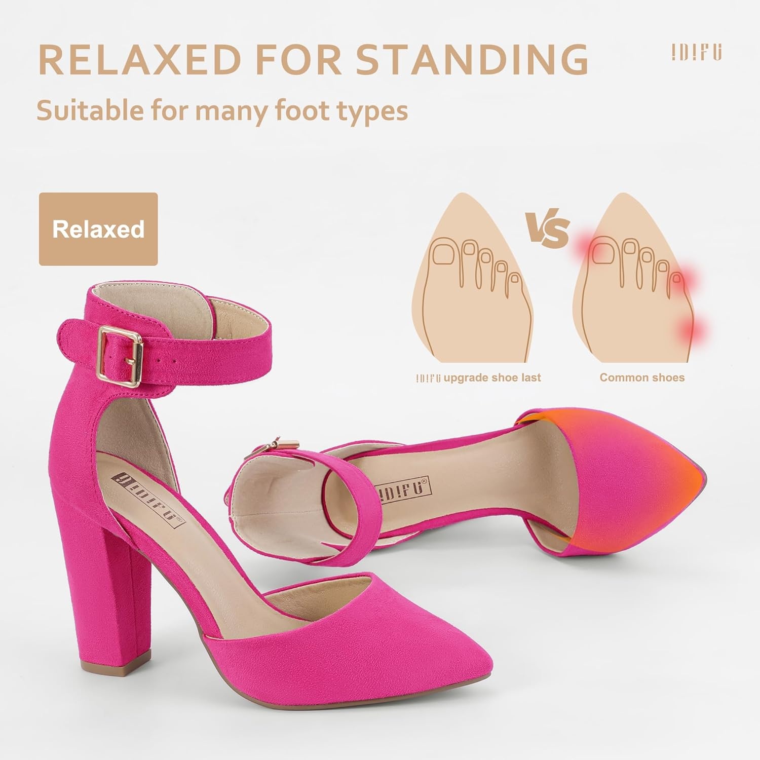 image:imageIDIFU Womens IN4 Pedazo High Block Heels Pumps Pointed Closed Toe Ankle Strap Dress Wedding ShoesHot Pink Suede