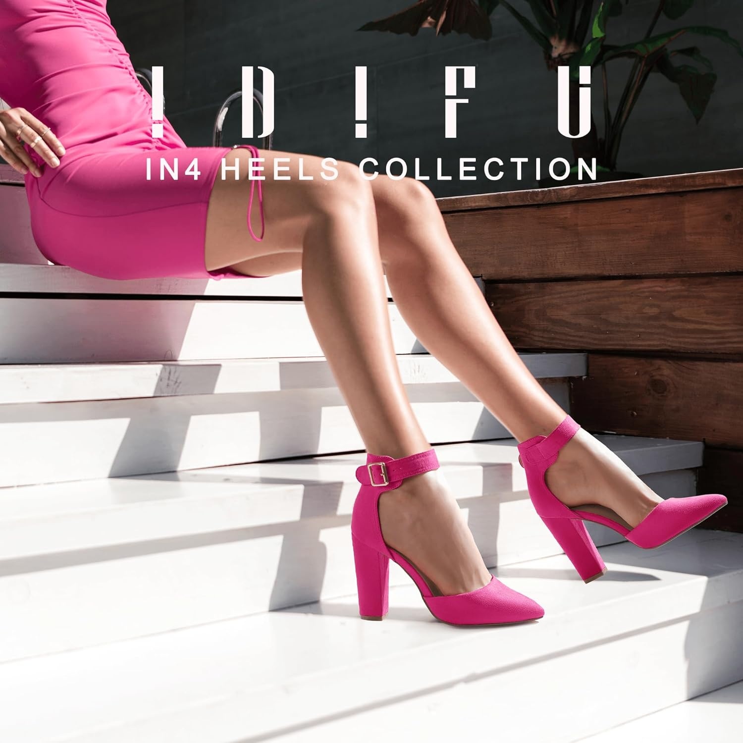 image:imageIDIFU Womens IN4 Pedazo High Block Heels Pumps Pointed Closed Toe Ankle Strap Dress Wedding ShoesHot Pink Suede