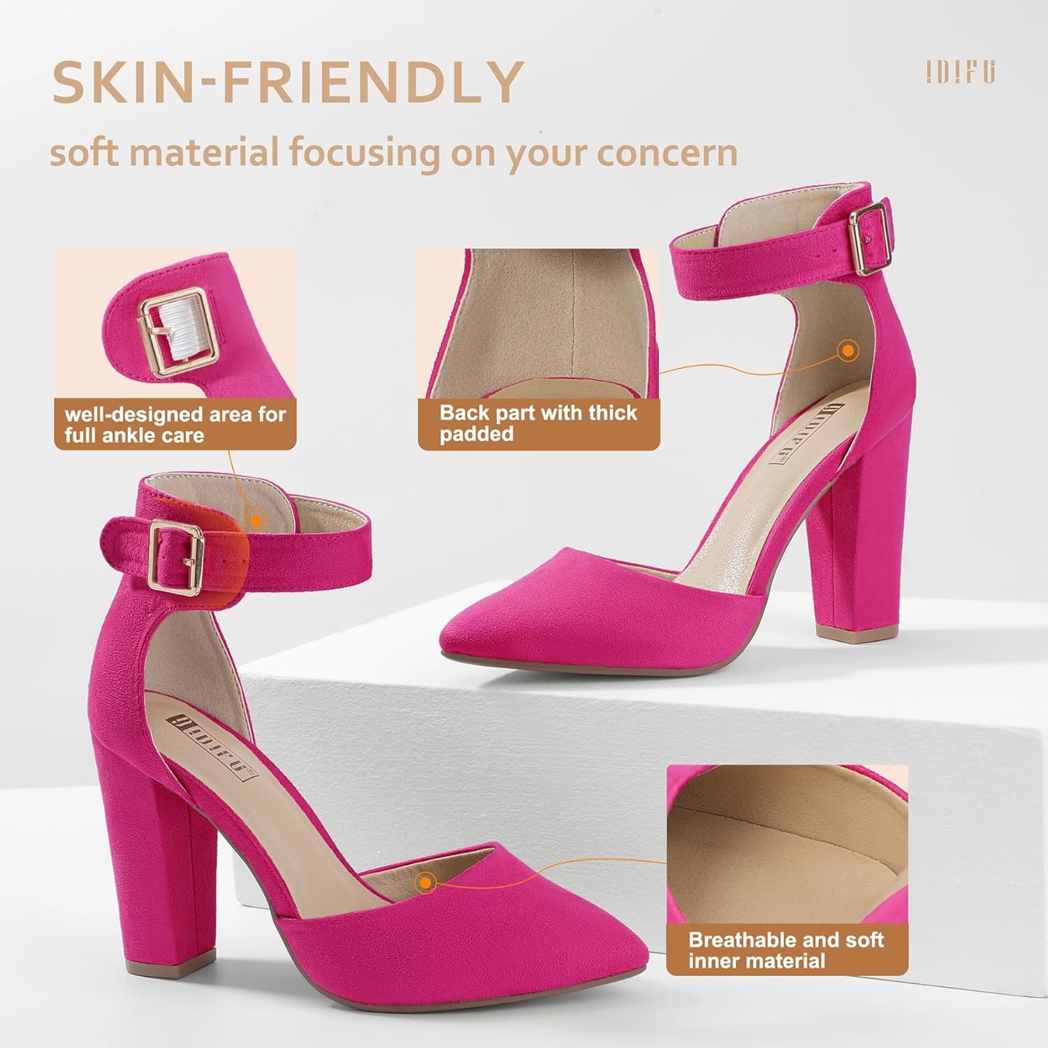 image:imageIDIFU Womens IN4 Pedazo High Block Heels Pumps Pointed Closed Toe Ankle Strap Dress Wedding ShoesHot Pink Suede