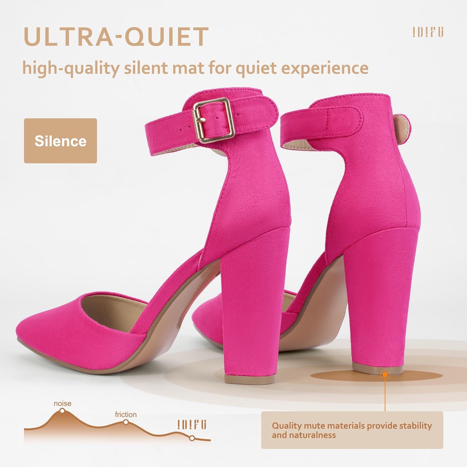 image:imageIDIFU Womens IN4 Pedazo High Block Heels Pumps Pointed Closed Toe Ankle Strap Dress Wedding ShoesHot Pink Suede