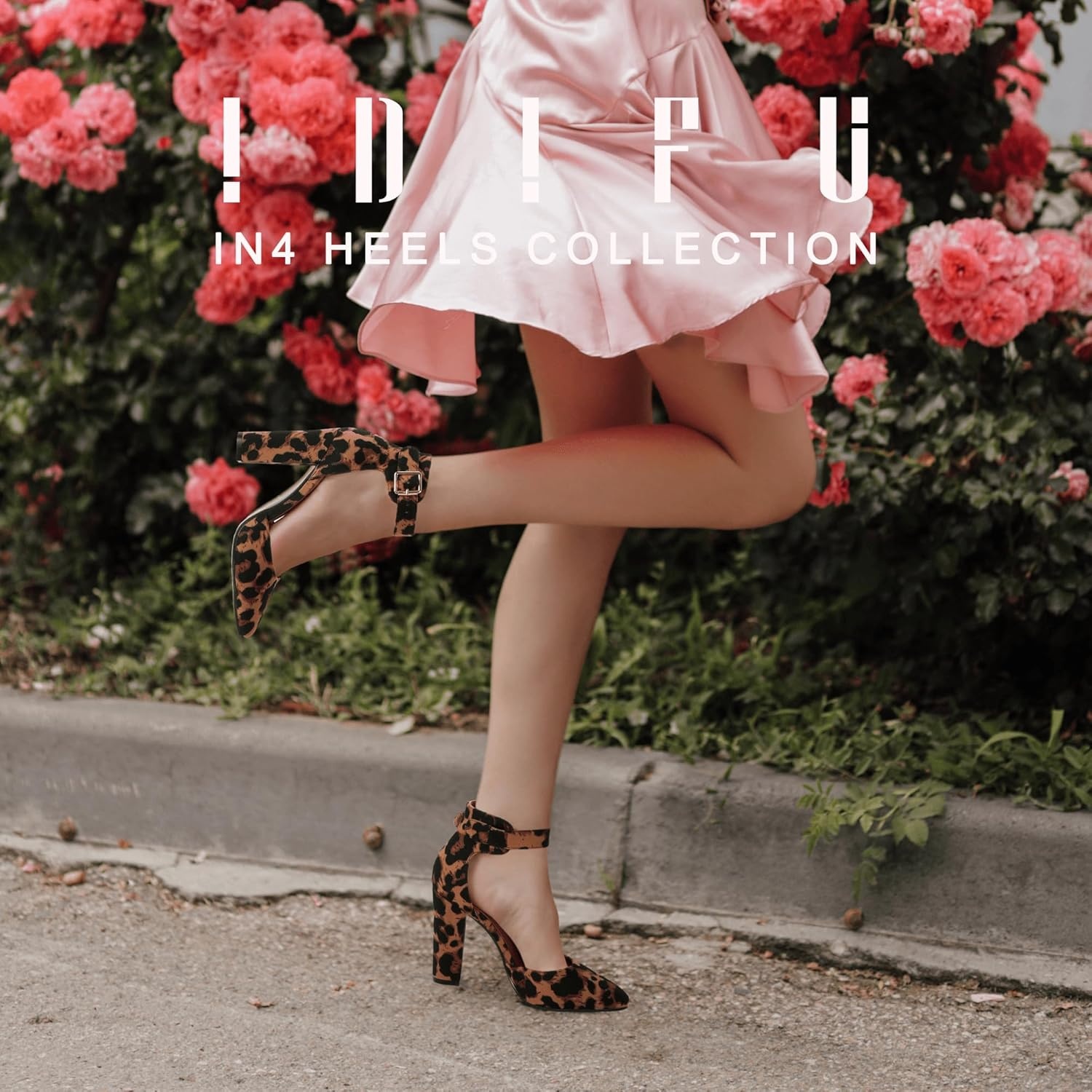 image:imageIDIFU Womens IN4 Pedazo High Block Heels Pumps Pointed Closed Toe Ankle Strap Dress Wedding ShoesLeopard Suede