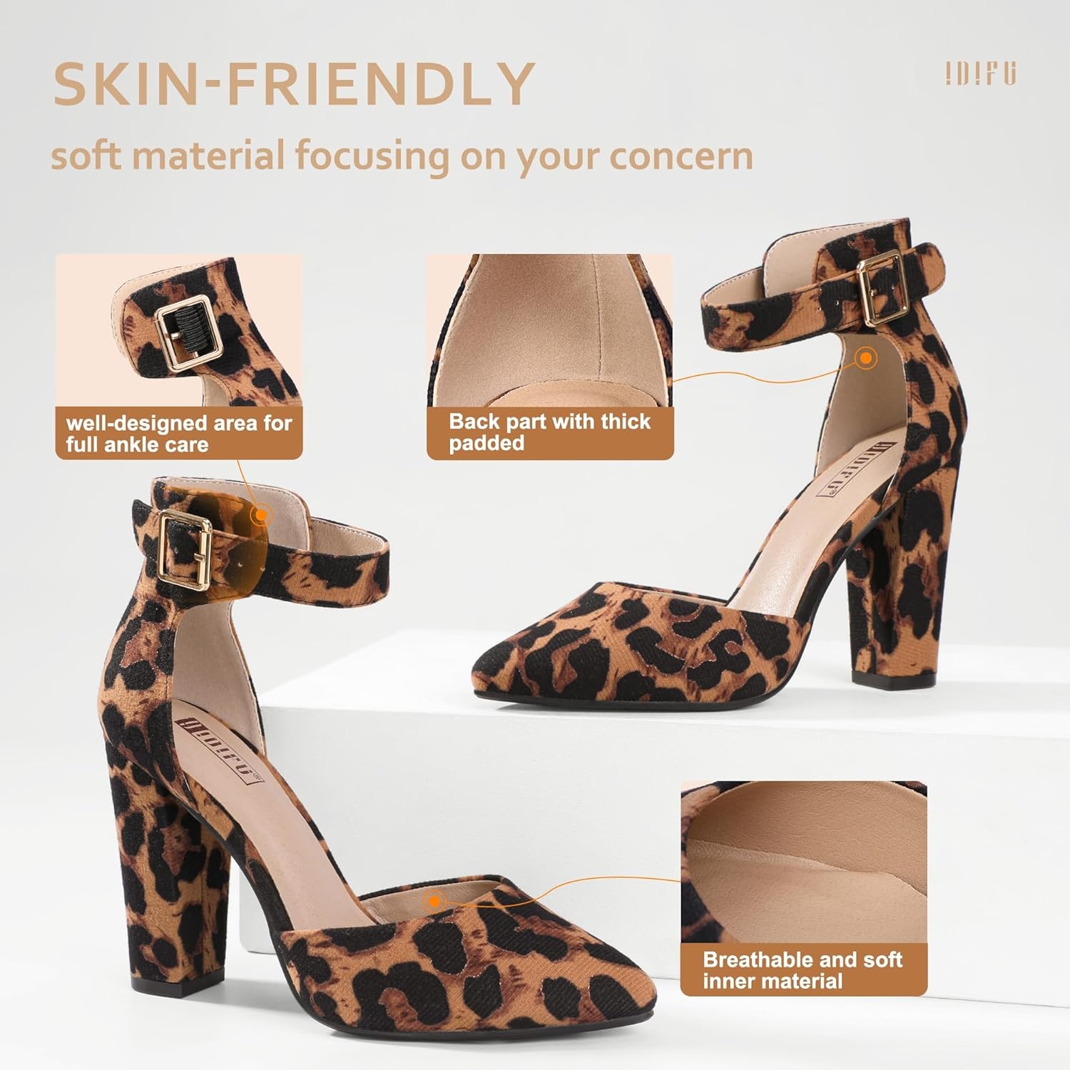 image:imageIDIFU Womens IN4 Pedazo High Block Heels Pumps Pointed Closed Toe Ankle Strap Dress Wedding ShoesLeopard Suede
