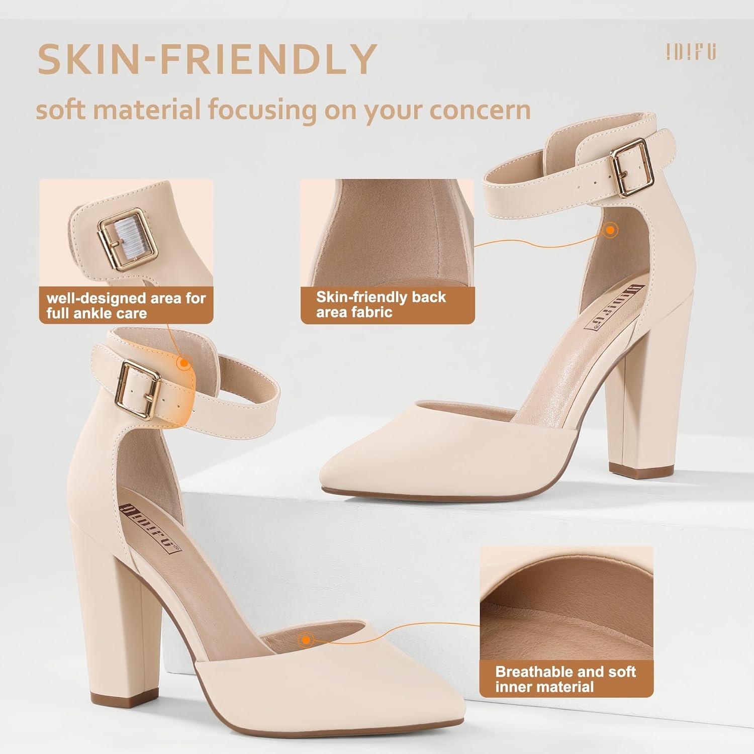 image:imageIDIFU Womens IN4 Pedazo High Block Heels Pumps Pointed Closed Toe Ankle Strap Dress Wedding ShoesNude Nubuck
