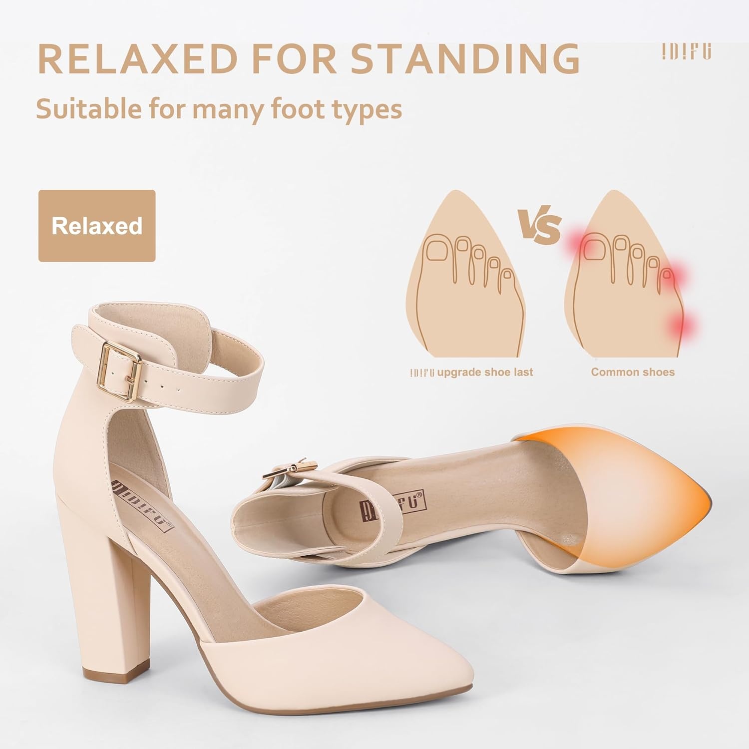 image:imageIDIFU Womens IN4 Pedazo High Block Heels Pumps Pointed Closed Toe Ankle Strap Dress Wedding ShoesNude Nubuck