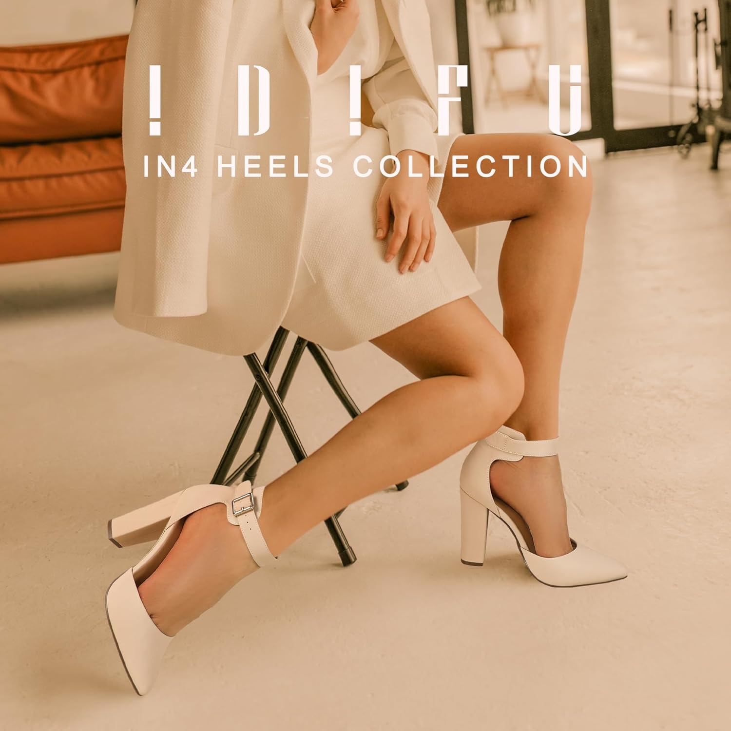 image:imageIDIFU Womens IN4 Pedazo High Block Heels Pumps Pointed Closed Toe Ankle Strap Dress Wedding ShoesNude Nubuck