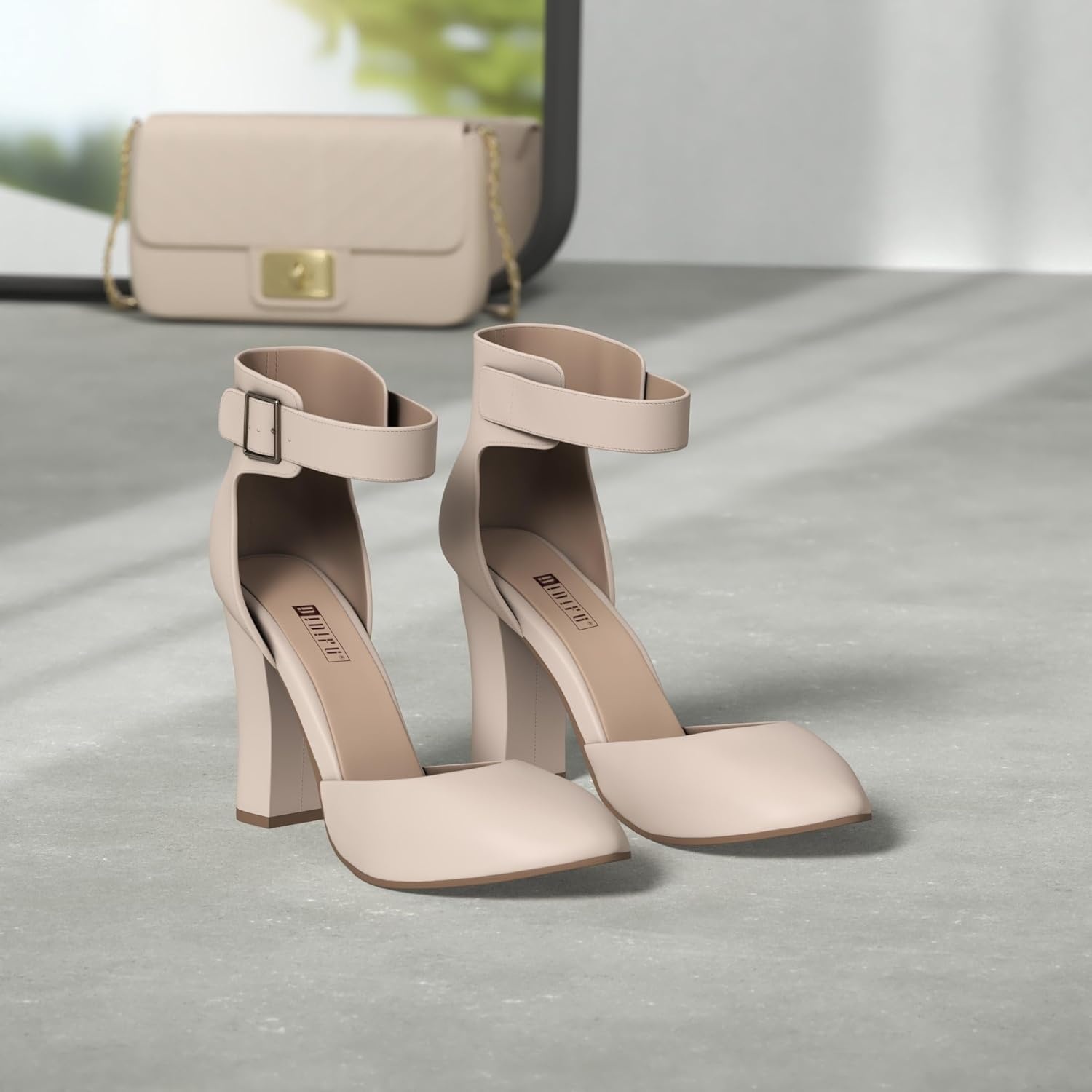 image:imageIDIFU Womens IN4 Pedazo High Block Heels Pumps Pointed Closed Toe Ankle Strap Dress Wedding ShoesNude Nubuck