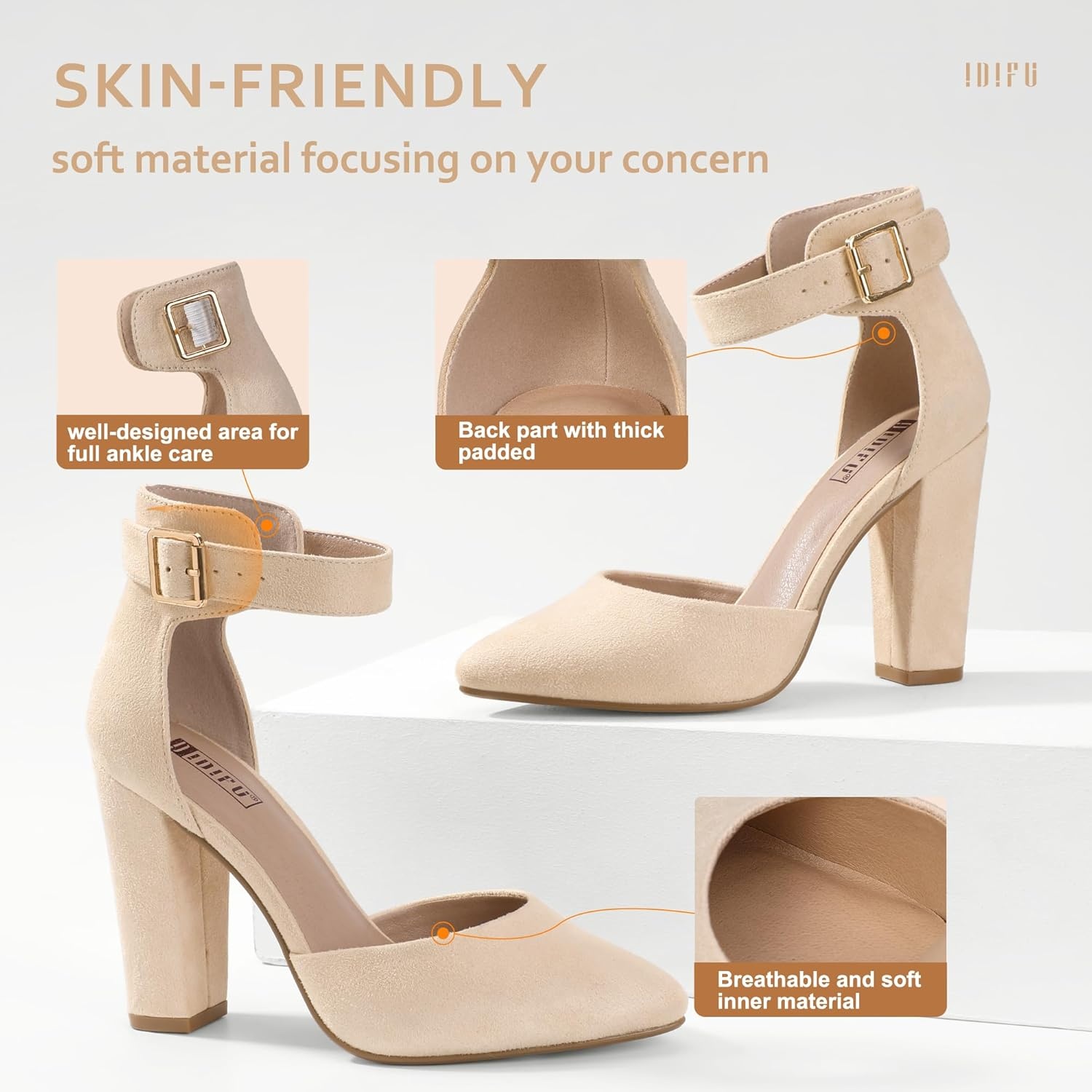 image:imageIDIFU Womens IN4 Pedazo High Block Heels Pumps Pointed Closed Toe Ankle Strap Dress Wedding ShoesNude Suede