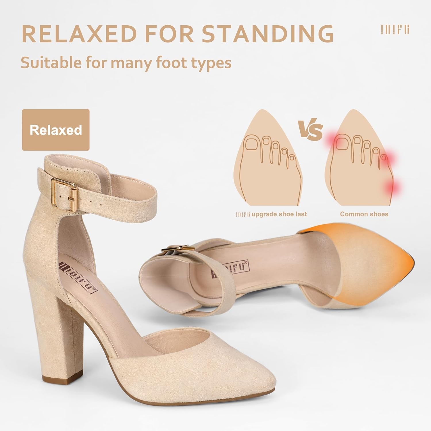 image:imageIDIFU Womens IN4 Pedazo High Block Heels Pumps Pointed Closed Toe Ankle Strap Dress Wedding ShoesNude Suede