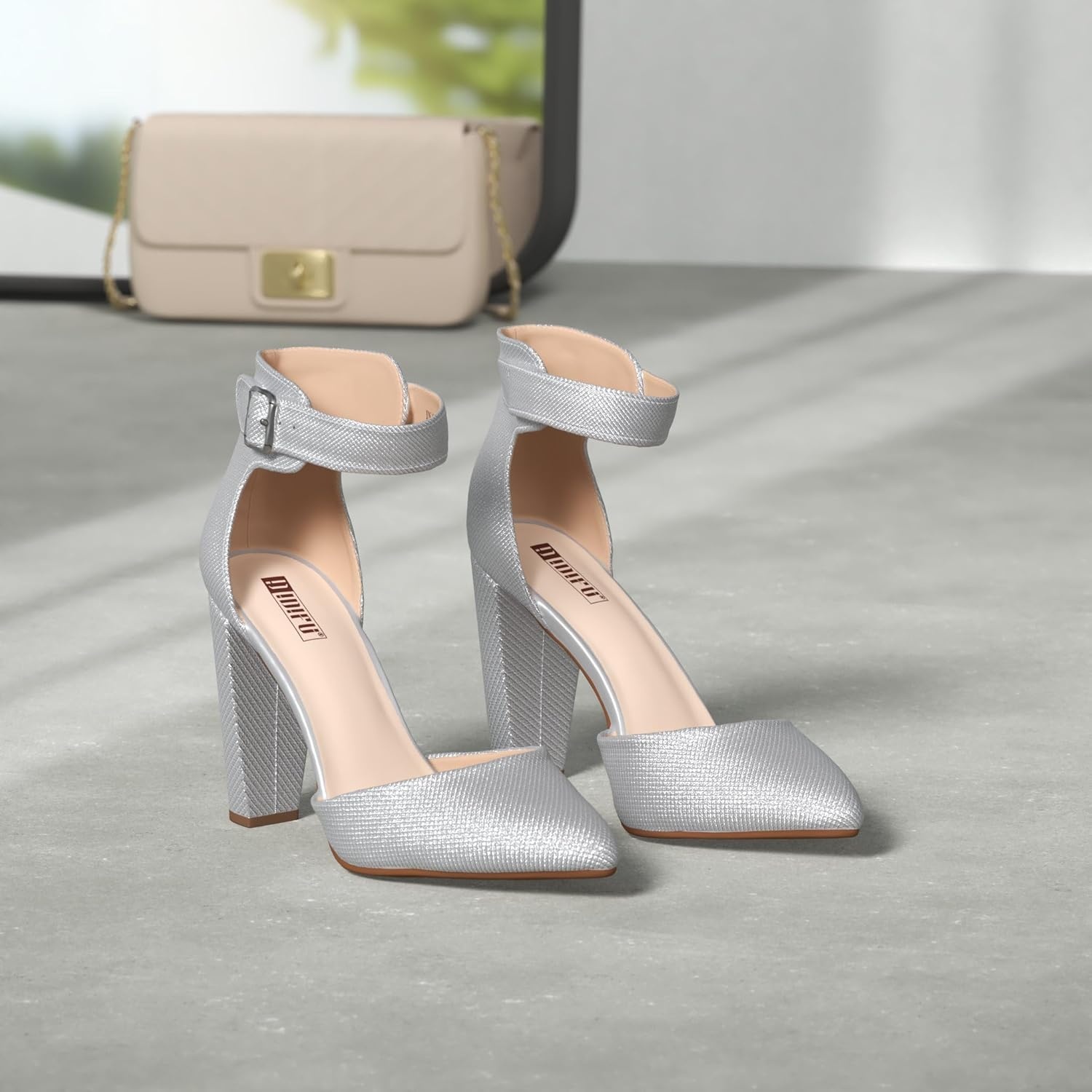 image:imageIDIFU Womens IN4 Pedazo High Block Heels Pumps Pointed Closed Toe Ankle Strap Dress Wedding ShoesSilver Glitter