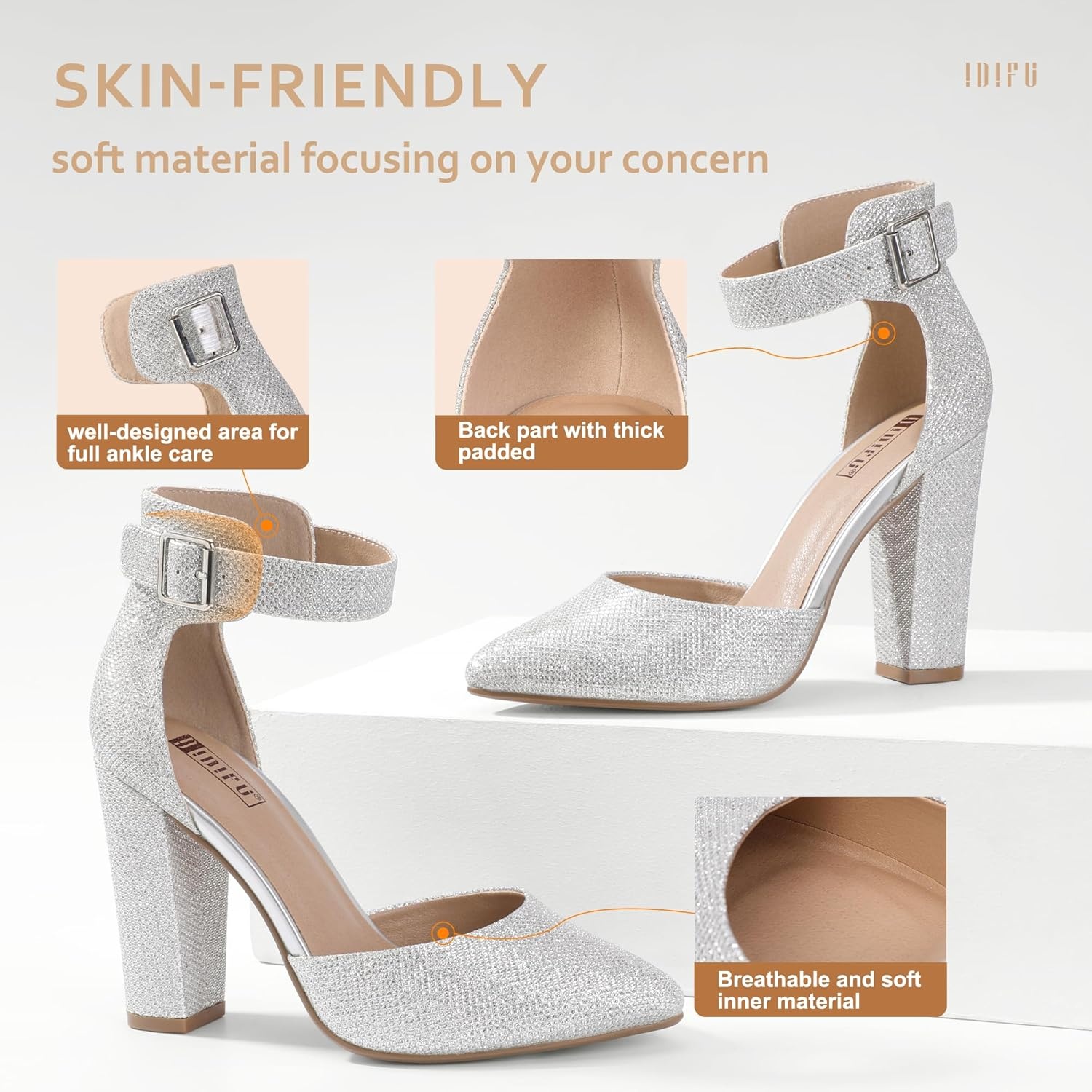 image:imageIDIFU Womens IN4 Pedazo High Block Heels Pumps Pointed Closed Toe Ankle Strap Dress Wedding ShoesSilver Glitter