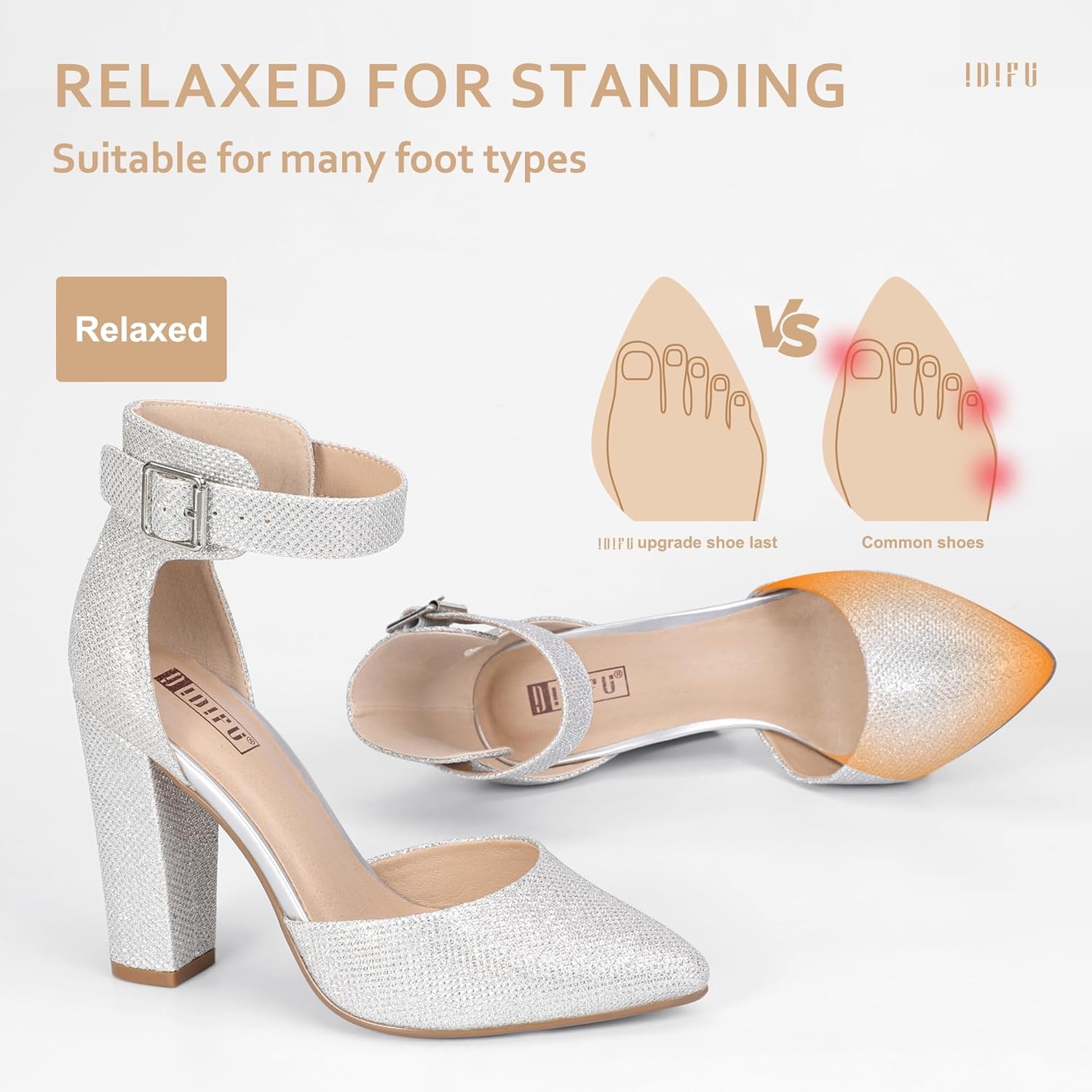 image:imageIDIFU Womens IN4 Pedazo High Block Heels Pumps Pointed Closed Toe Ankle Strap Dress Wedding ShoesSilver Glitter