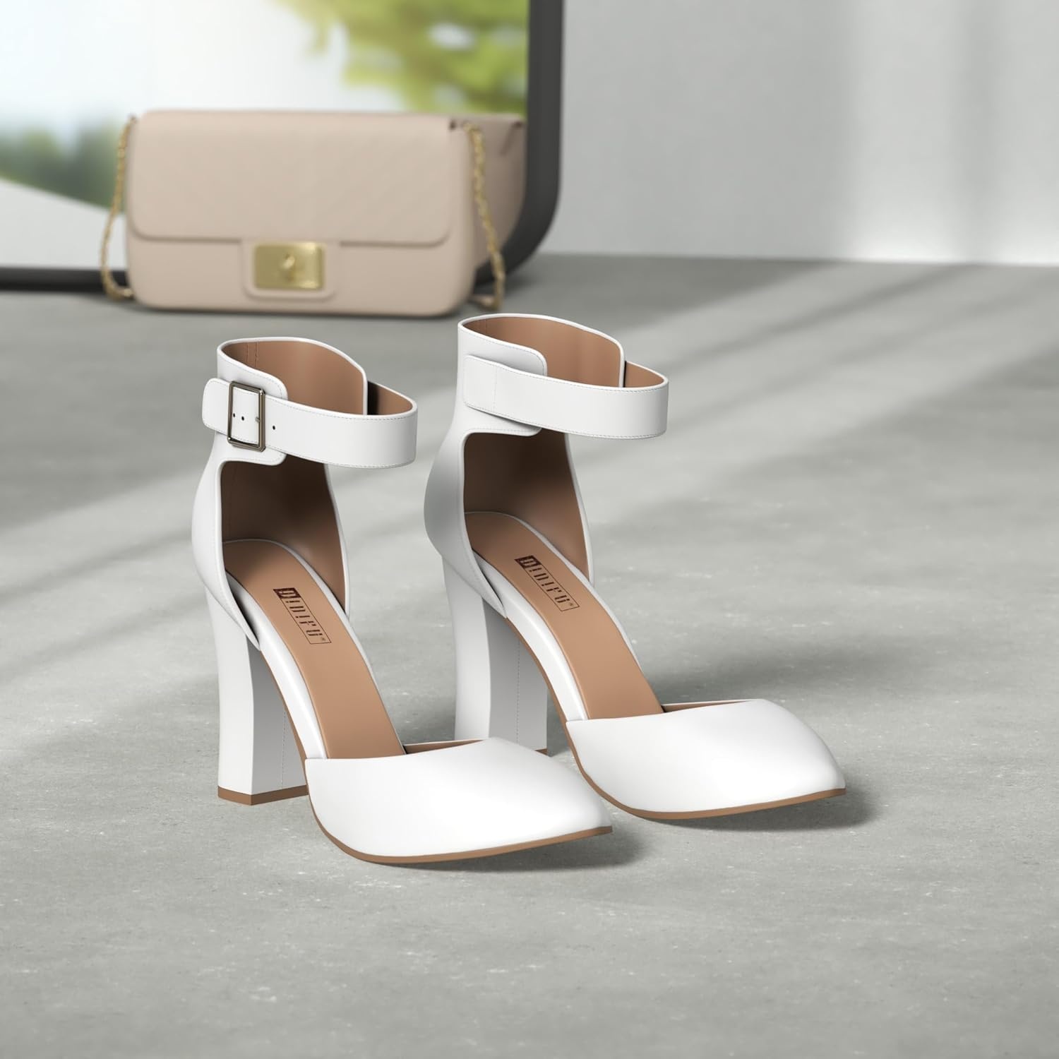image:imageIDIFU Womens IN4 Pedazo High Block Heels Pumps Pointed Closed Toe Ankle Strap Dress Wedding ShoesWhite Pu