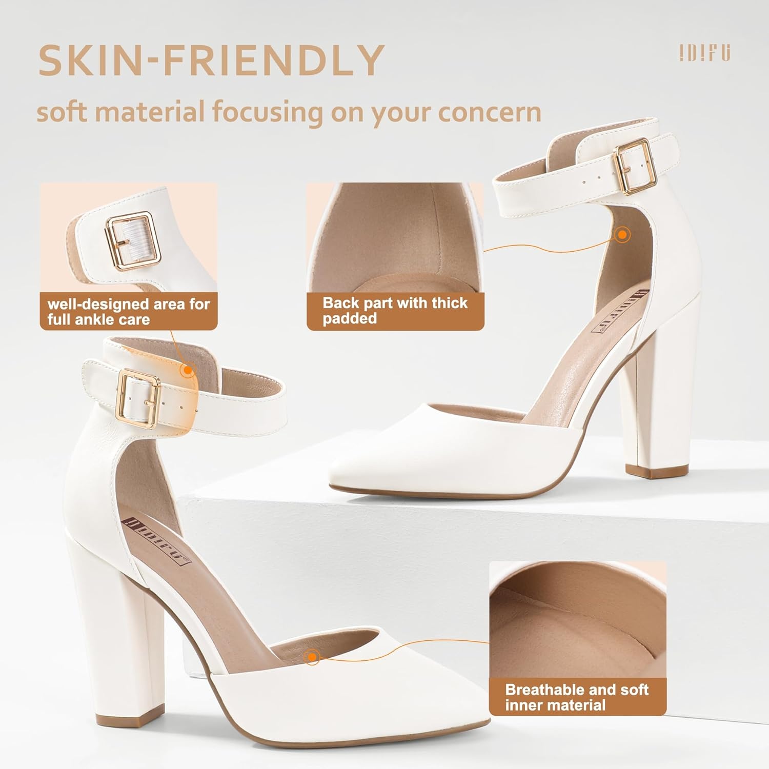 image:imageIDIFU Womens IN4 Pedazo High Block Heels Pumps Pointed Closed Toe Ankle Strap Dress Wedding ShoesWhite Pu