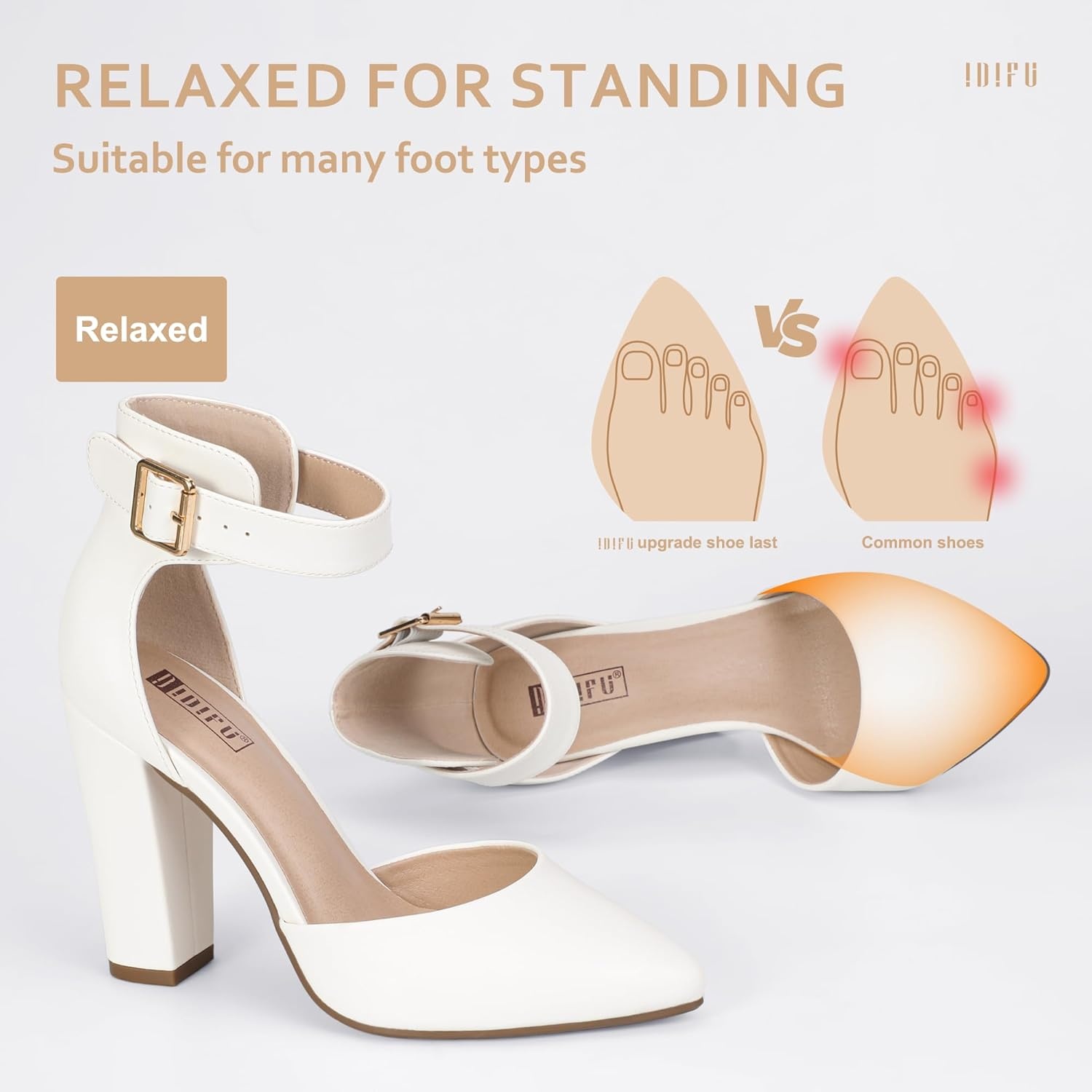 image:imageIDIFU Womens IN4 Pedazo High Block Heels Pumps Pointed Closed Toe Ankle Strap Dress Wedding ShoesWhite Pu