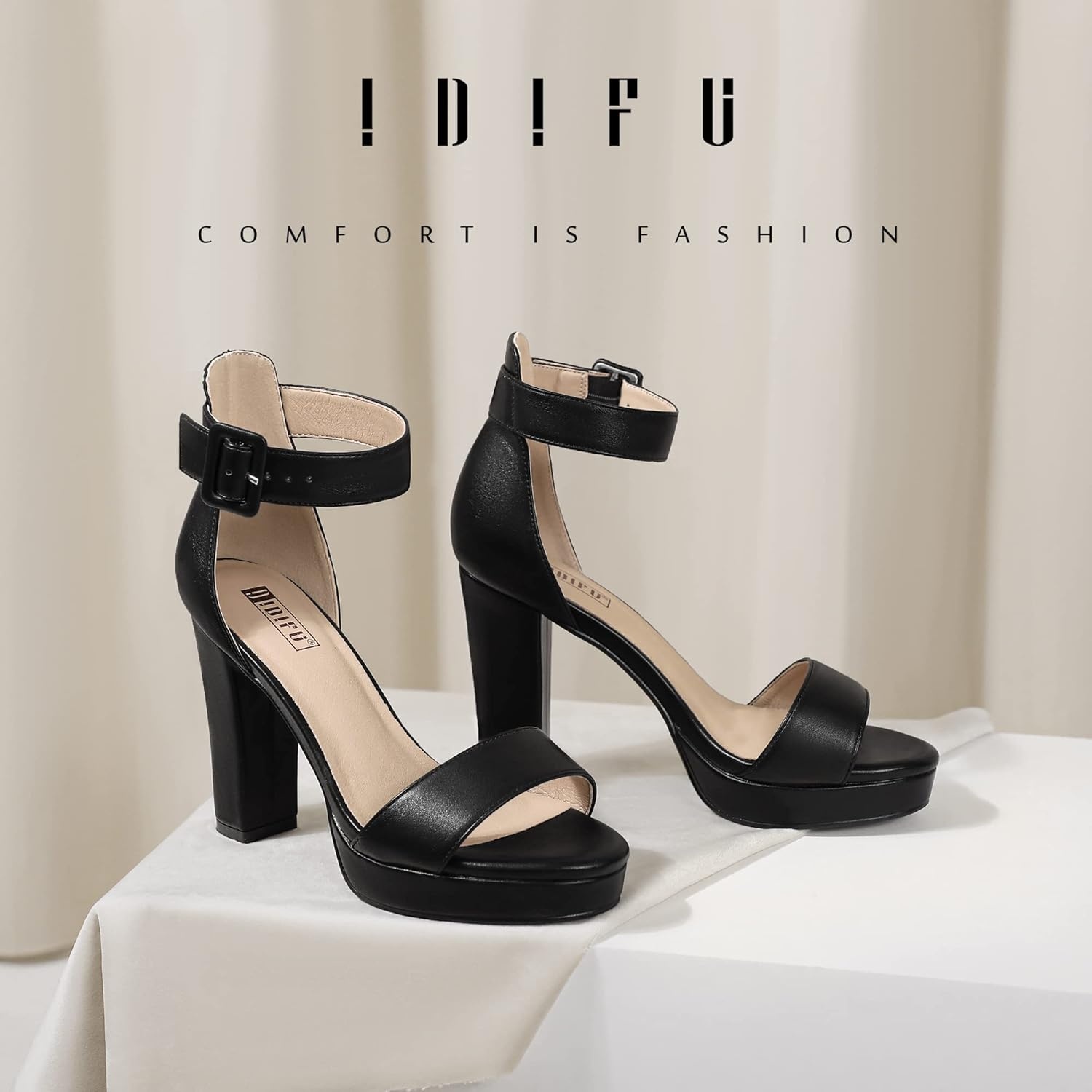 image:imageIDIFU Womens IN4 Sabrina Platform Chunky High Heels Ankle Strap Heeled Sandals Wedding Party Dress ShoesBlack Pu
