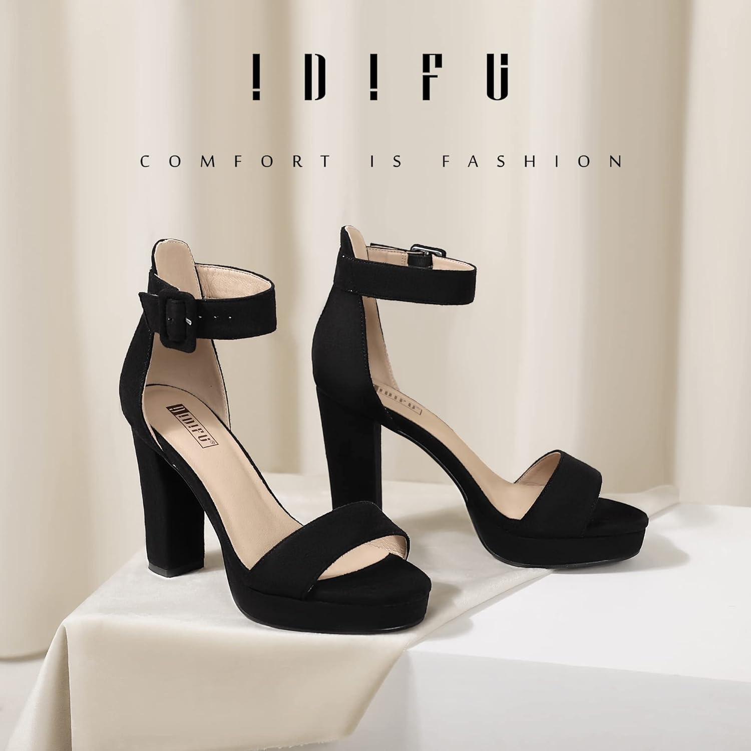 image:imageIDIFU Womens IN4 Sabrina Platform Chunky High Heels Ankle Strap Heeled Sandals Wedding Party Dress ShoesBlack Suede