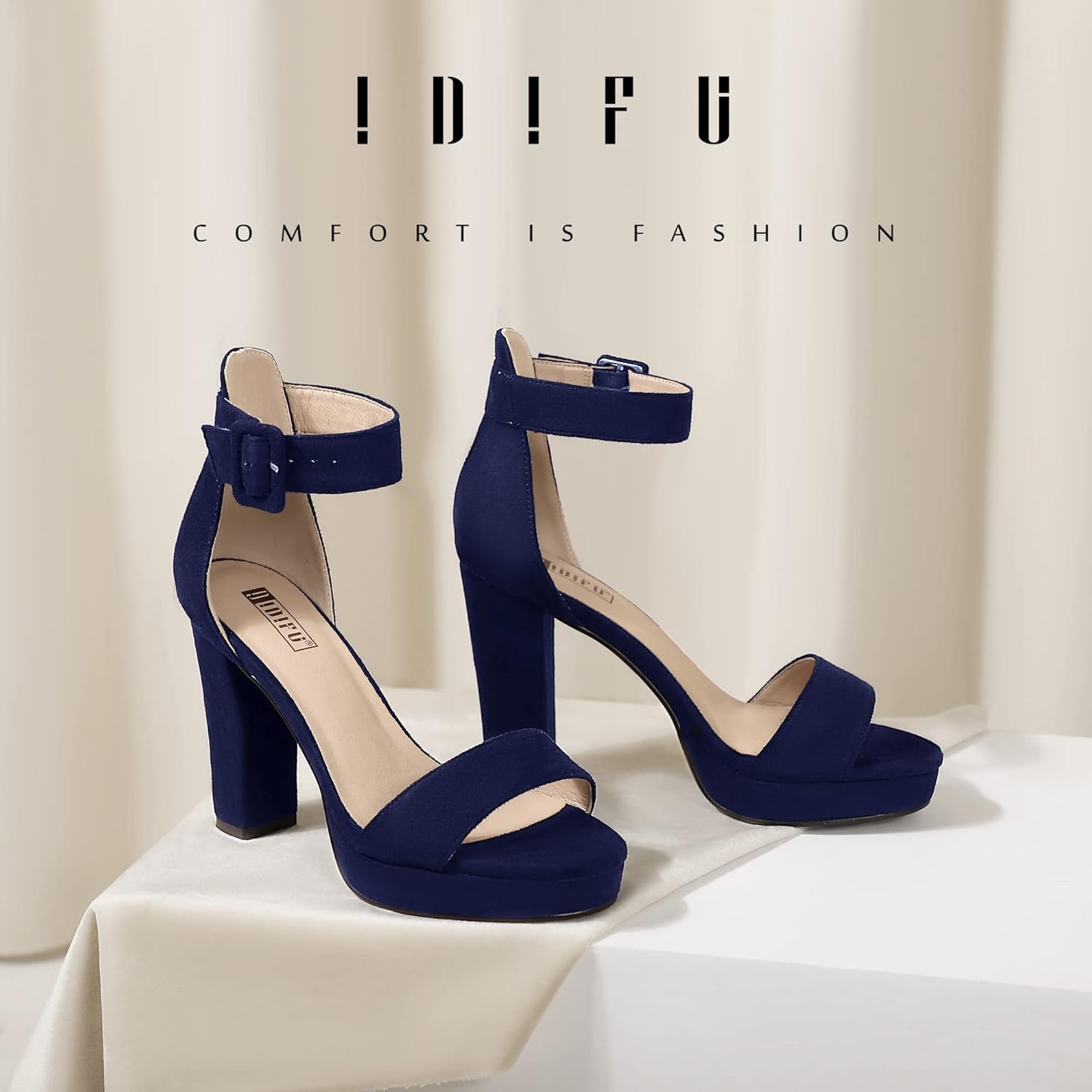 image:imageIDIFU Womens IN4 Sabrina Platform Chunky High Heels Ankle Strap Heeled Sandals Wedding Party Dress ShoesBlue Suede