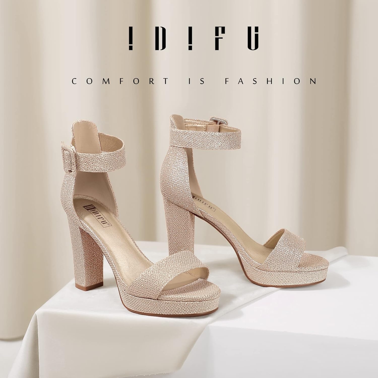 image:imageIDIFU Womens IN4 Sabrina Platform Chunky High Heels Ankle Strap Heeled Sandals Wedding Party Dress ShoesGolden Glitter