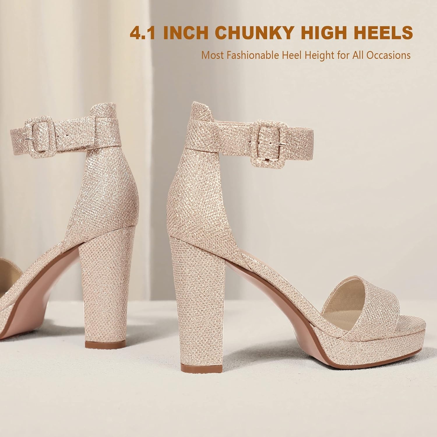 image:imageIDIFU Womens IN4 Sabrina Platform Chunky High Heels Ankle Strap Heeled Sandals Wedding Party Dress ShoesGolden Glitter