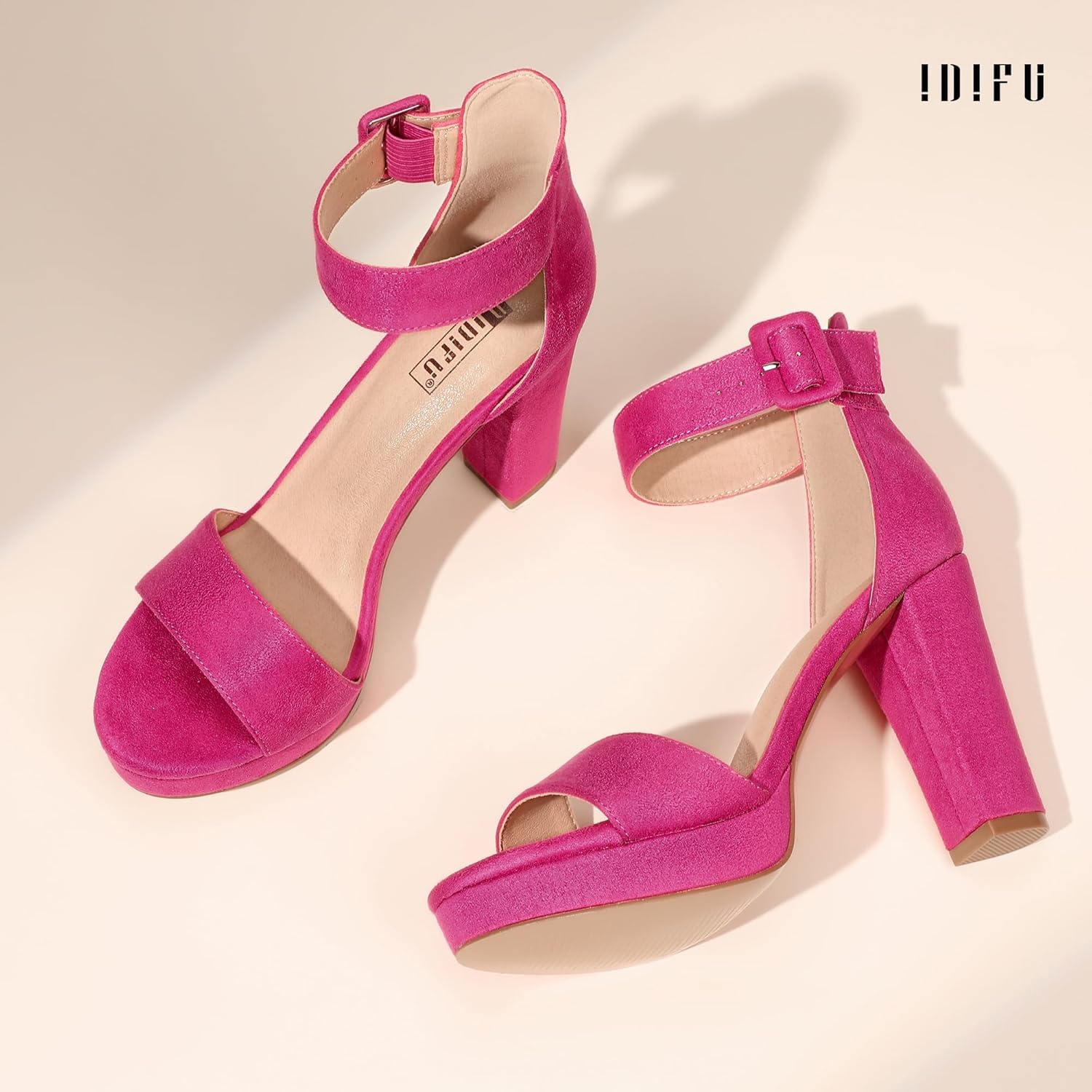 image:imageIDIFU Womens IN4 Sabrina Platform Chunky High Heels Ankle Strap Heeled Sandals Wedding Party Dress ShoesHot Pink Suede