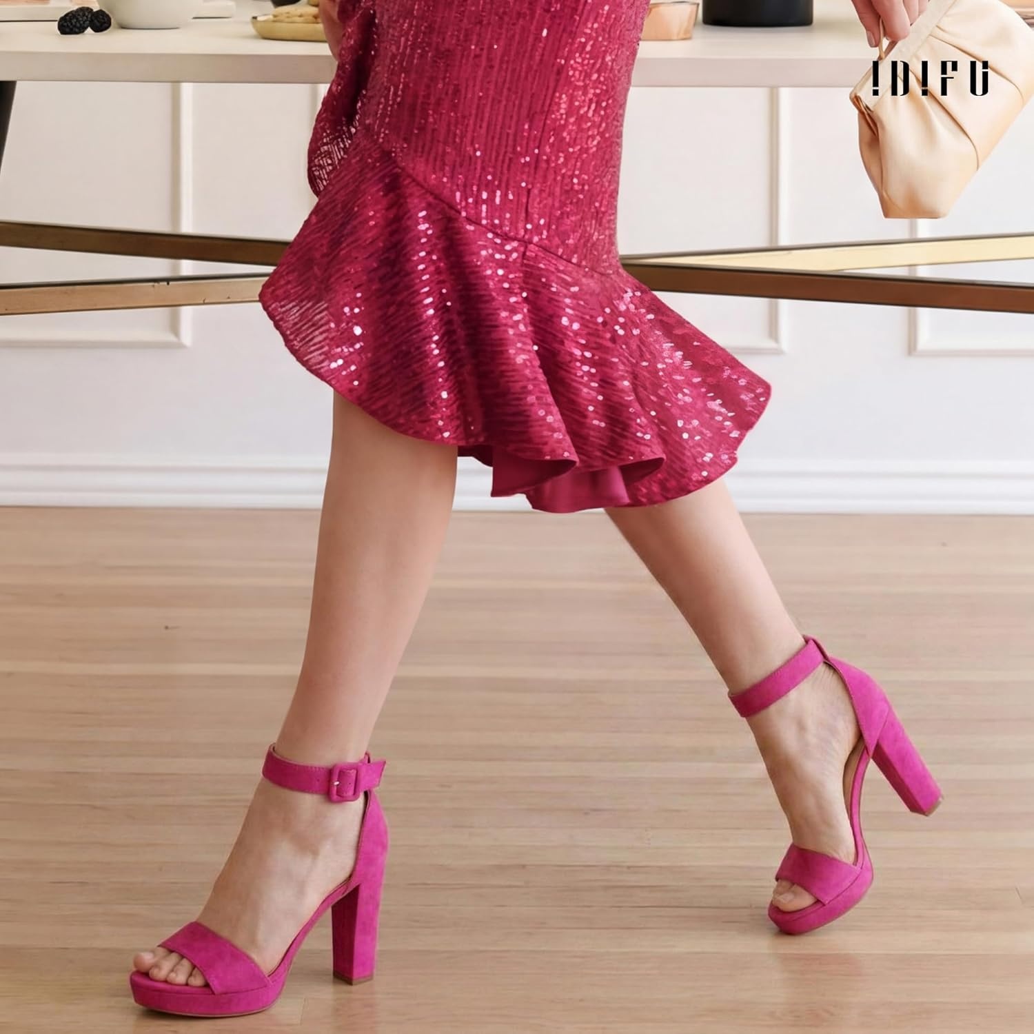 image:imageIDIFU Womens IN4 Sabrina Platform Chunky High Heels Ankle Strap Heeled Sandals Wedding Party Dress ShoesHot Pink Suede