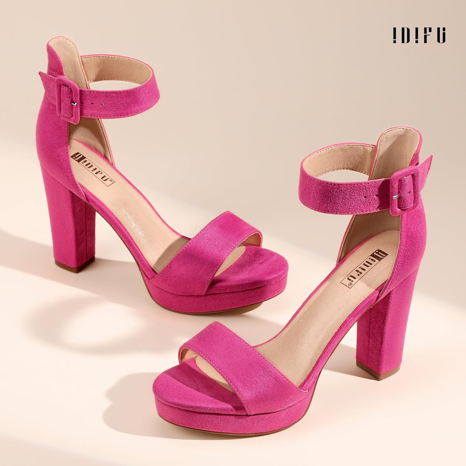 image:imageIDIFU Womens IN4 Sabrina Platform Chunky High Heels Ankle Strap Heeled Sandals Wedding Party Dress ShoesHot Pink Suede